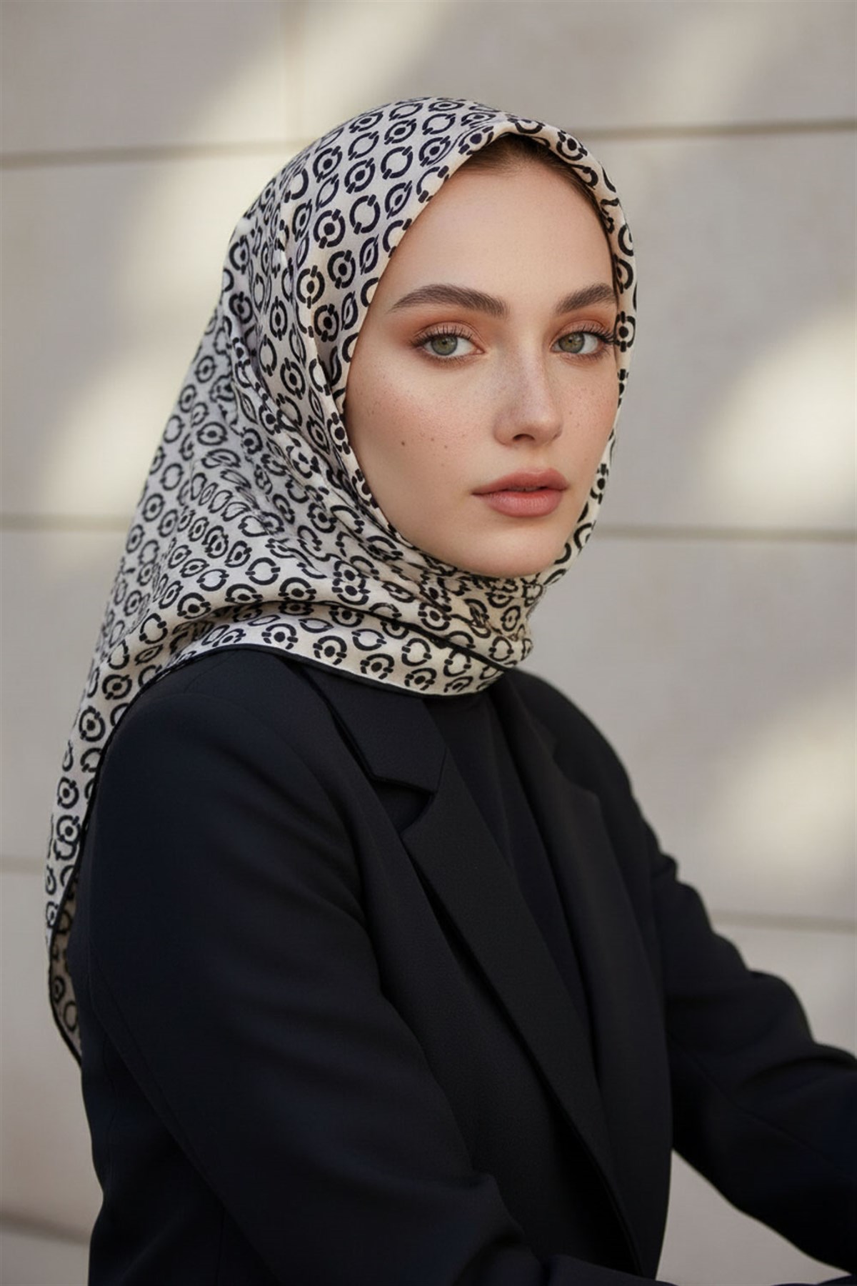 %100 Twill İpek Zincir Desenli Krem - Siyah Renkli 90x90 Eşarp Kenar Dikiş Şekli El Dikişli