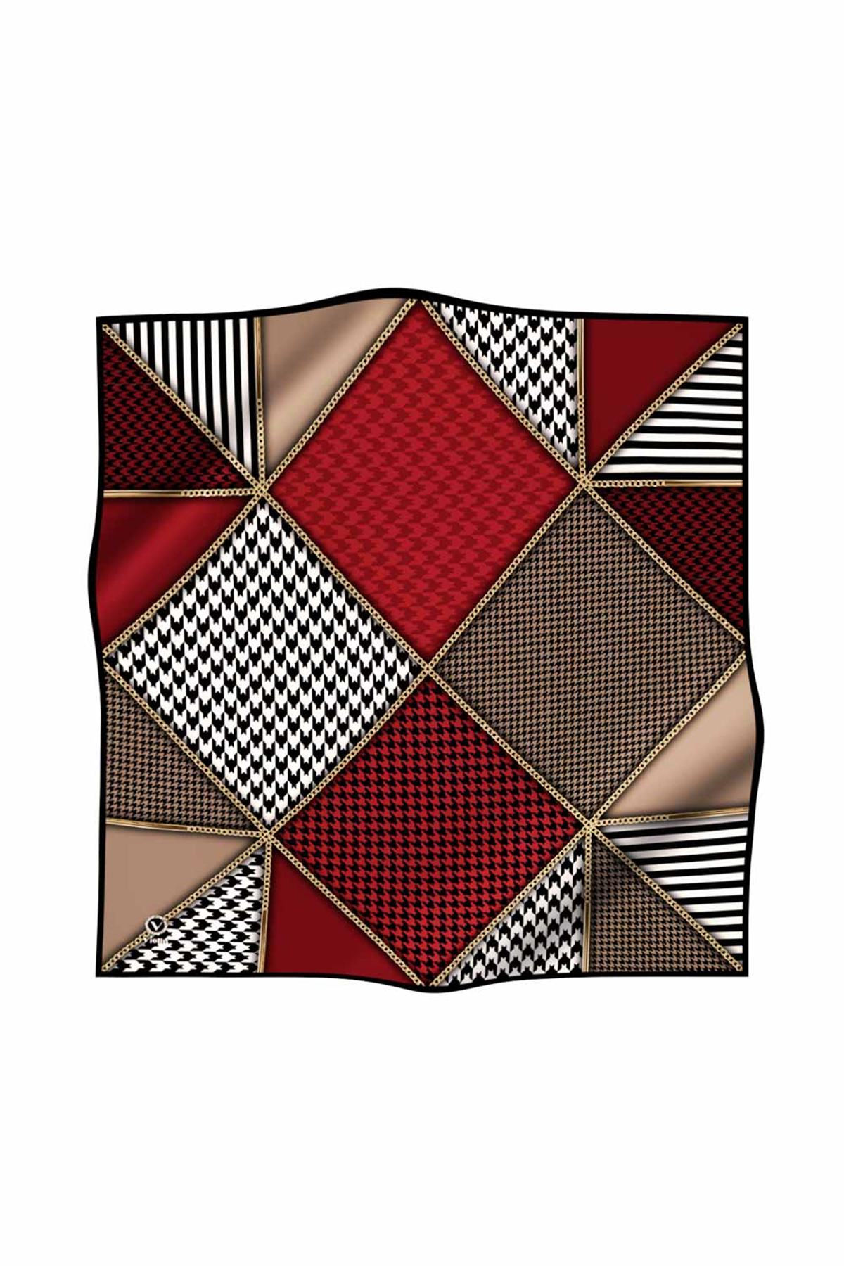 Twil Geometrik Ve Kazayak Desenli Bordo Renkli 90x90 Eşarp (İpek İçermez) Dikim Şekli : El Dikişi