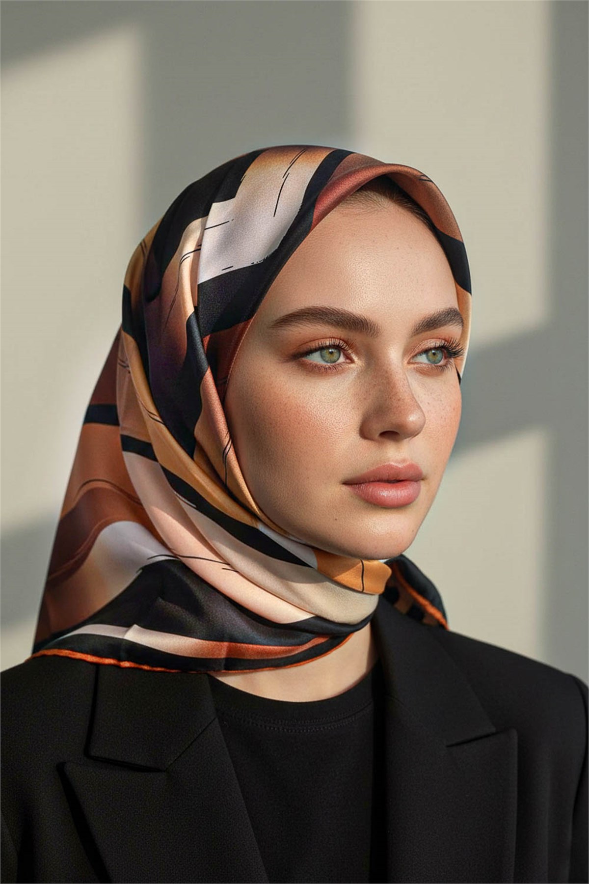 %100 Twill İpek Geometrik Fırça İzi Desenli Siyah - Taba Renkli 90x90 Eşarp Dikim Şekli : El Dikişi