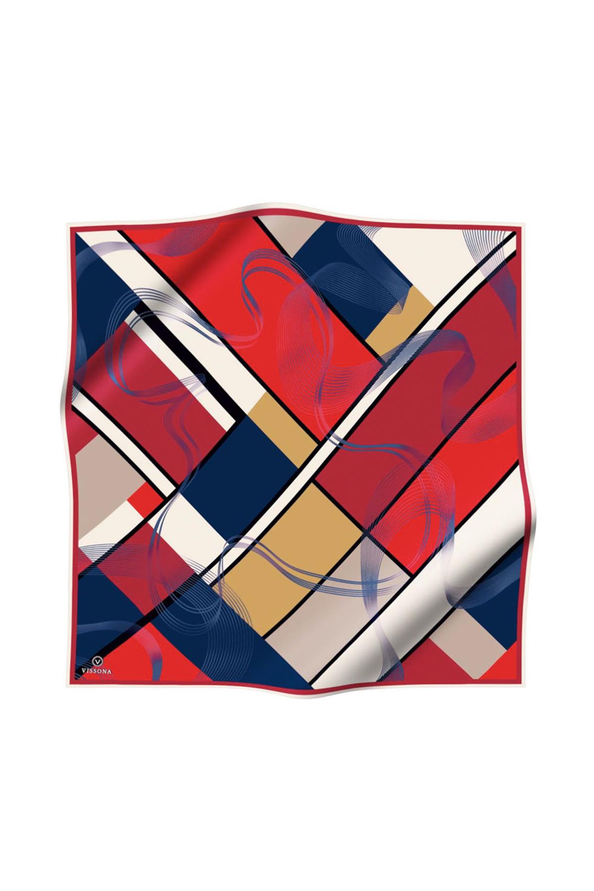 %100 Twill İpek Geometrik Desenli Kırmızı- Lacivert Renkli 90x90 Eşarp Dikim Şekli : El Dikişi