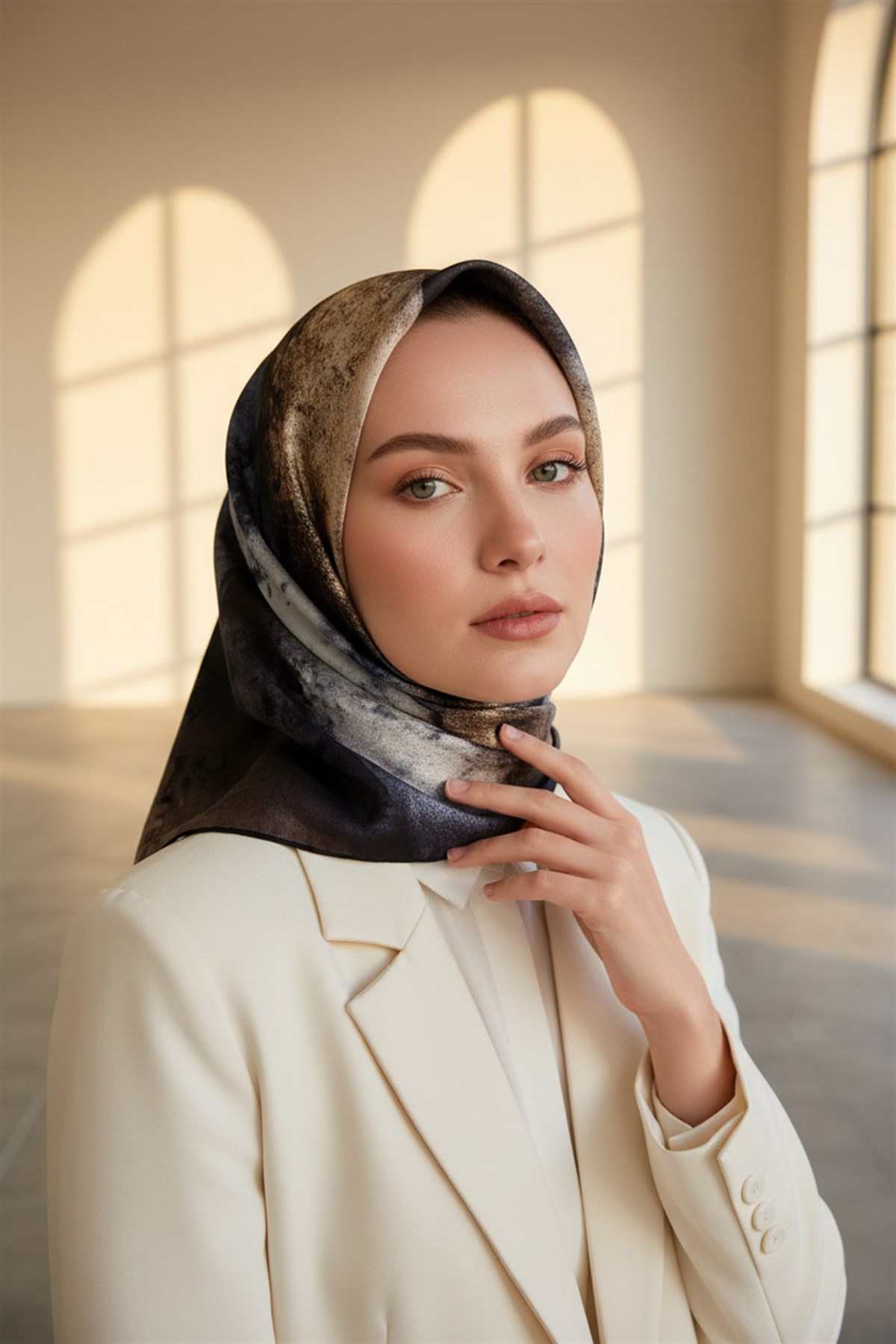 % 57 İPEK % 43 VİSKON Twill İpek Dokulu Ve Geometrik Desenli Bej - Gri Renkli 90x90 Eşarp Dikim Şekli : El Dikişi