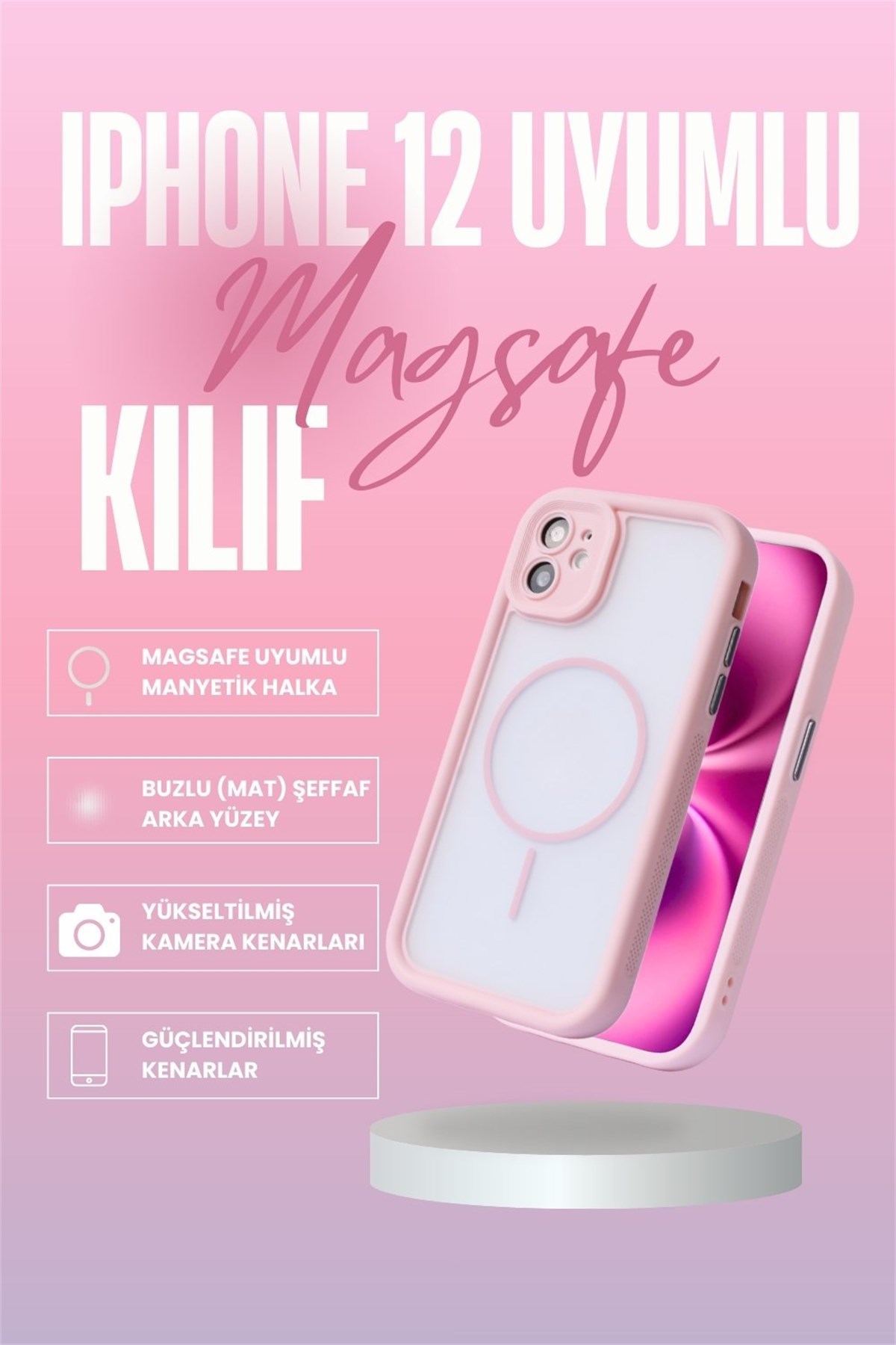 iPhone 12 Kılıf – Kamera Korumalı – MagSafe Uyumlu – Pembe Renk – Mat Silikon Telefon Kılıfı