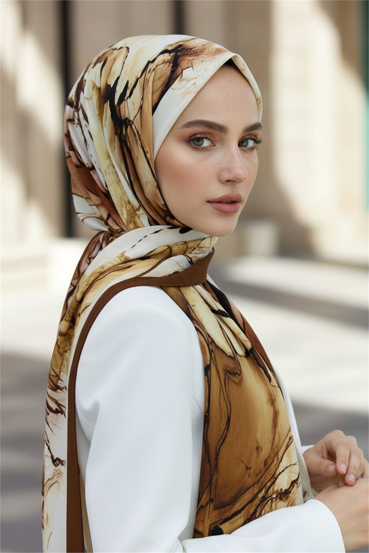 KREP BATİK DESENLİ HARDAL RENKLİ 75X195 KIRIŞMAZ ŞAL