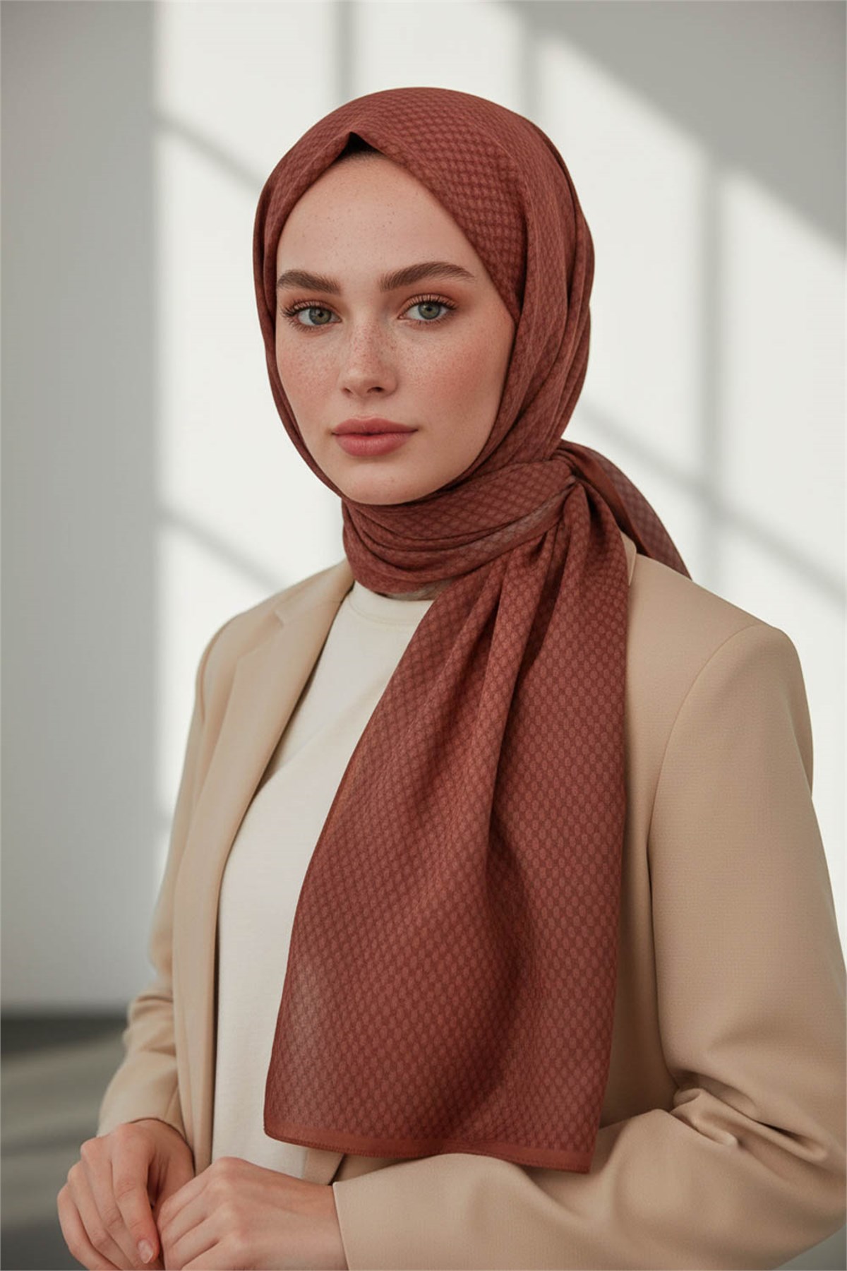 KREP HASIR DESENLİ BAKIR RENKLİ 75X195 KIRIŞMAZ ŞAL