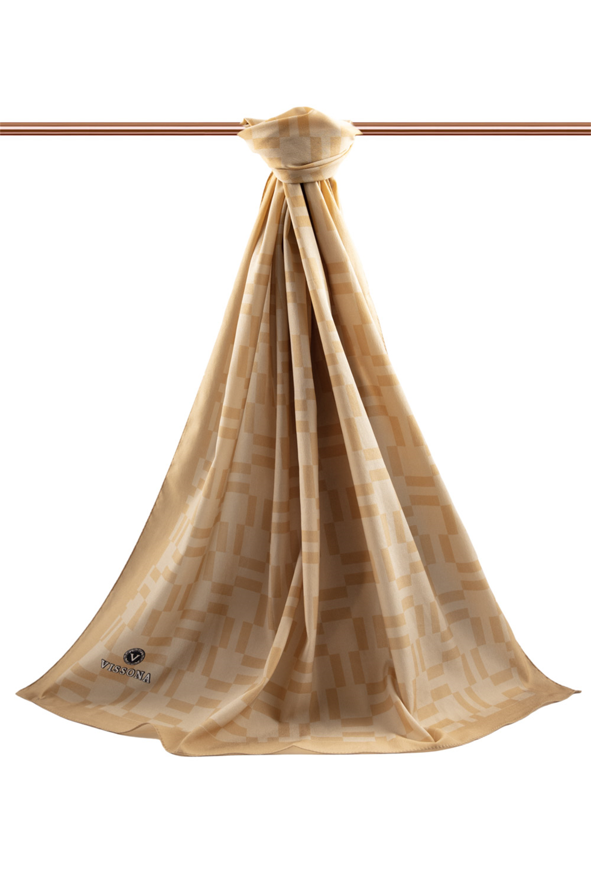 LÜKS MEDİNE İPEĞİ MONOGRAM DESENLİ GOLD RENKLİ 75X195 KIRIŞMAZ ŞAL MOSS KREP DİKİŞ TİPİ İTALYAN DİKİŞLİ