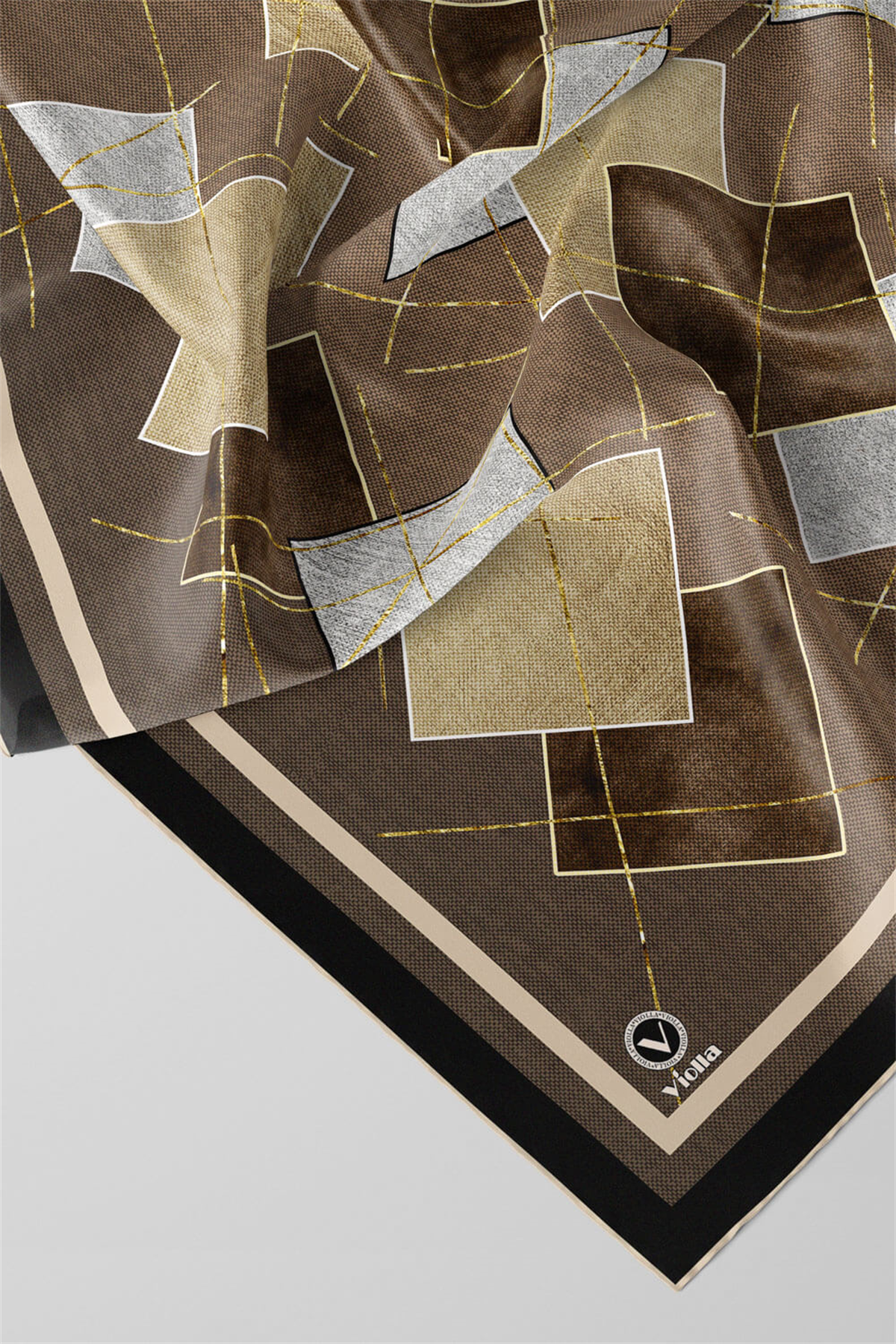 Twill Geometrik Desenli Vizon Renkli 90x90 Eşarp (İpek İçermez) Kenar Dikiş Şekli El Dikişli