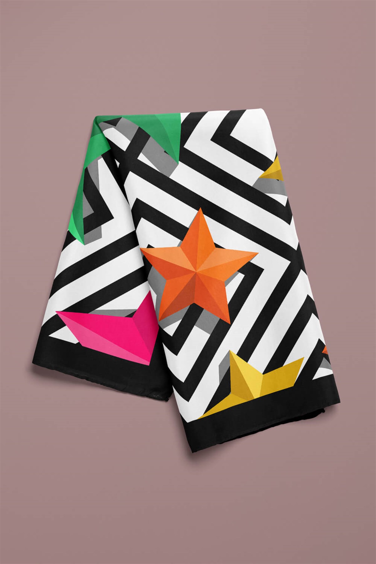 Violla Y68 Kadın Yıldız Desenli Bandana 50x50 Sarı Yeşil DG0343-22