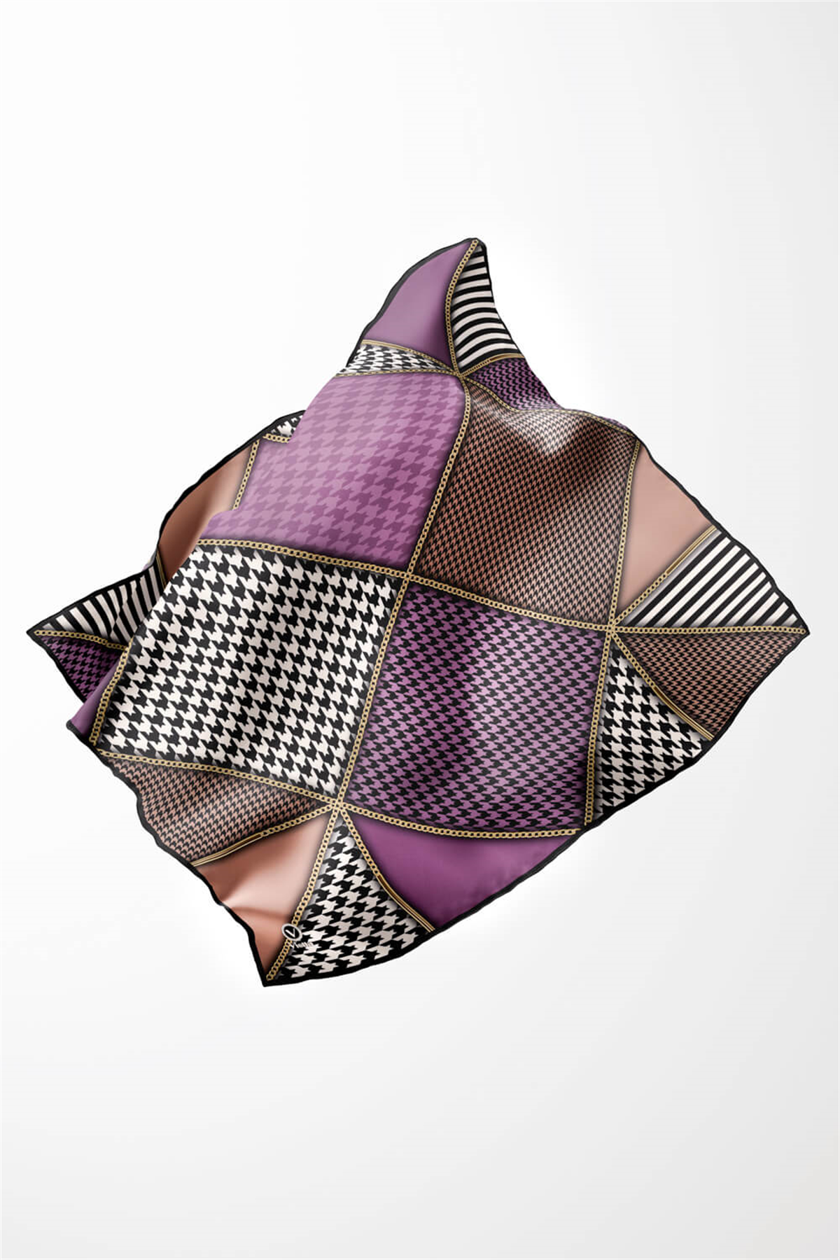Twil Geometrik Ve Kazayak Desenli Lila - Somon Renkli 90x90 Eşarp (İpek İçermez) Dikim Şekli : El Dikişi