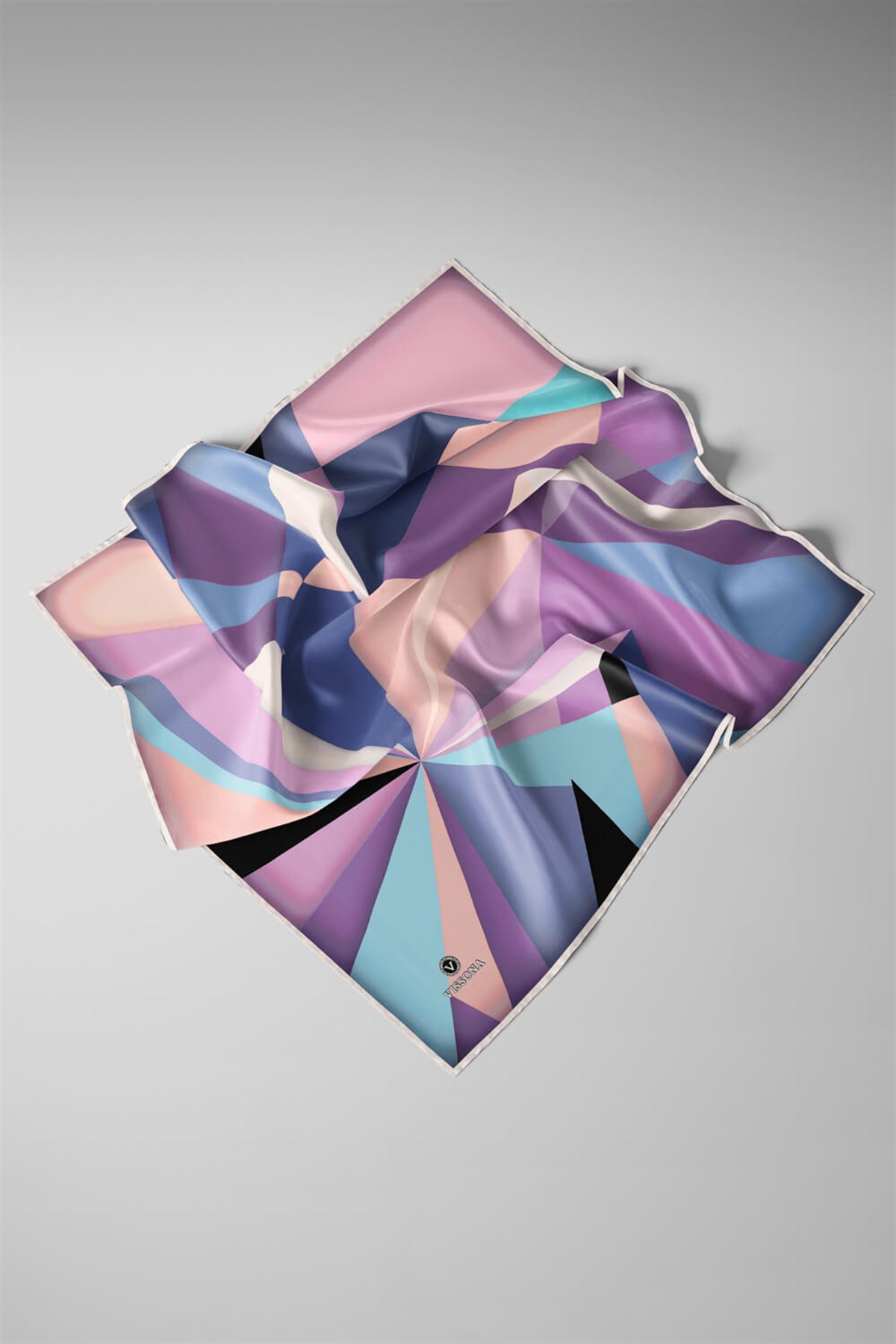 %100 Twill İpek Geometrik Desenli Lila - Pembe Renkli 90x90 Eşarp Dikim Şekli : El Dikişi