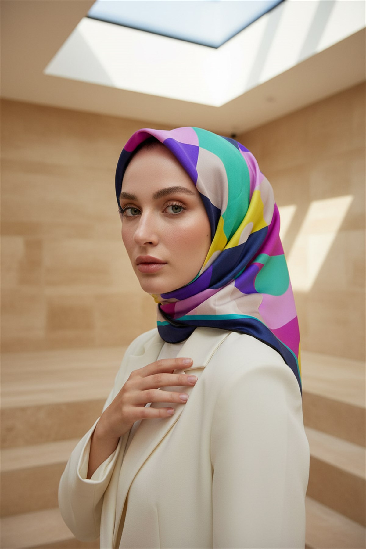 %100 Twill Renk Bloklu Çizgili Desenli Pembe - Lacivert Renkli 90x90 Eşarp Dikim Şekli: El Dikişii