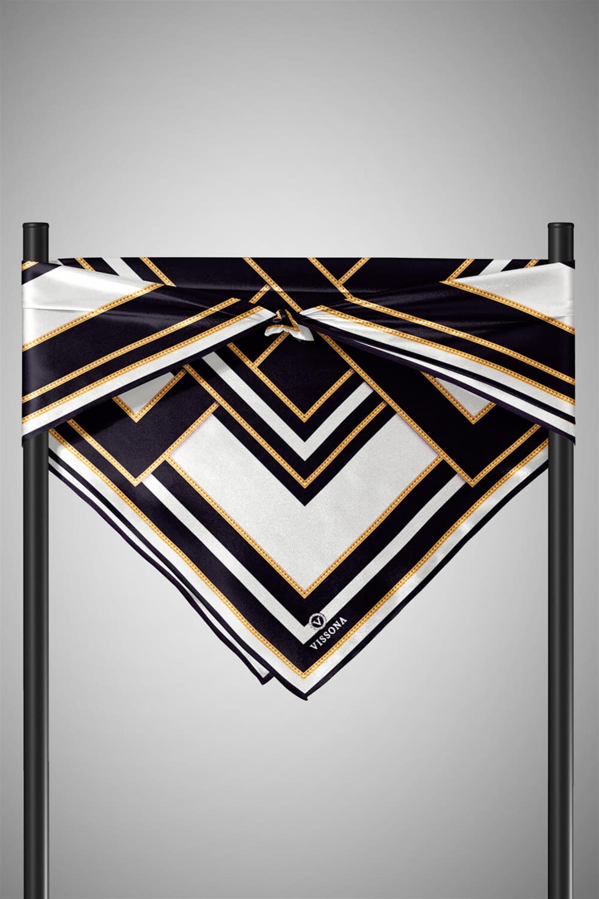 %100 Twill İpek Geometrik Desenli Siyah - Krem Renkli 90x90 Eşarp Dikim Şekli : El Dikişi