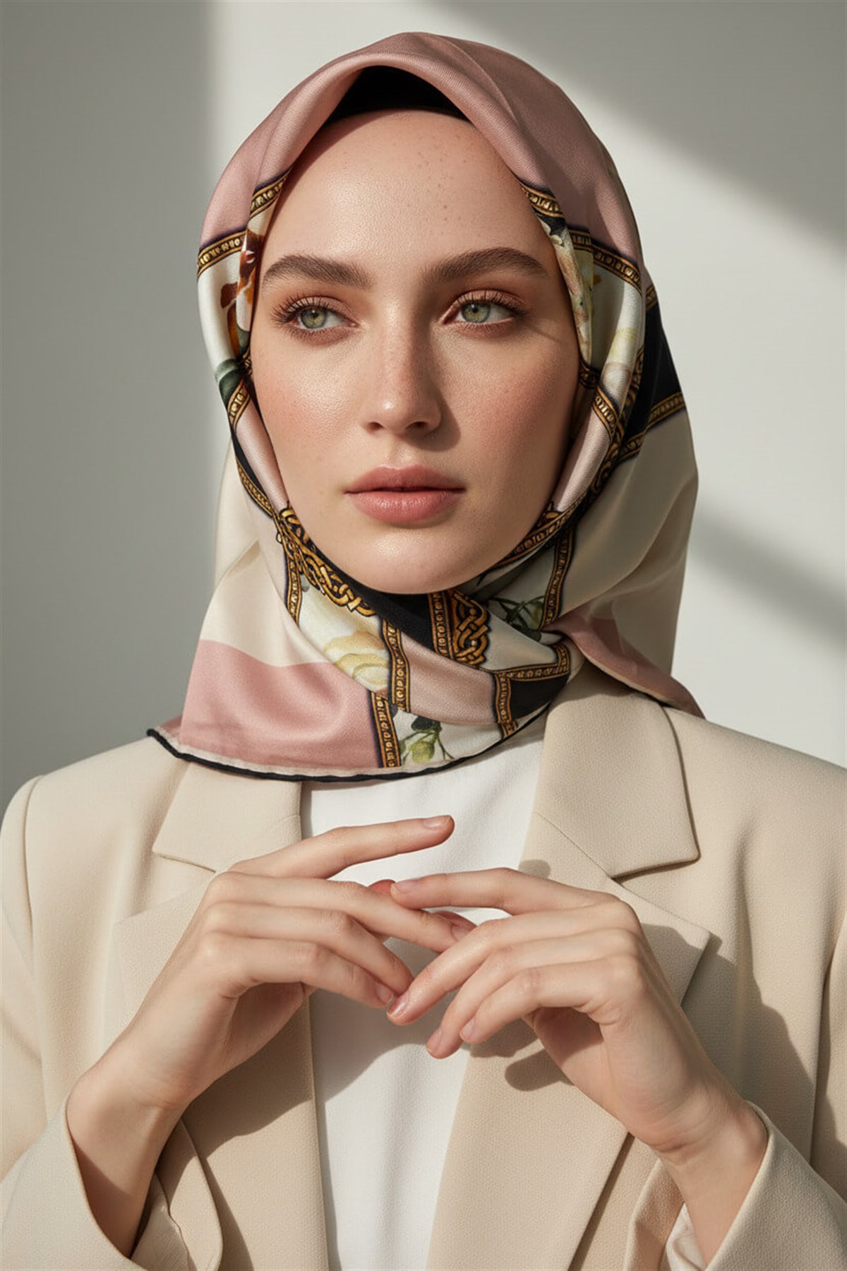100% Twill İpek Şeritli Çiçek Desenli Pudra - Krem Renkli 90x90 Dikim Şekli : El Dikişi Eşarp