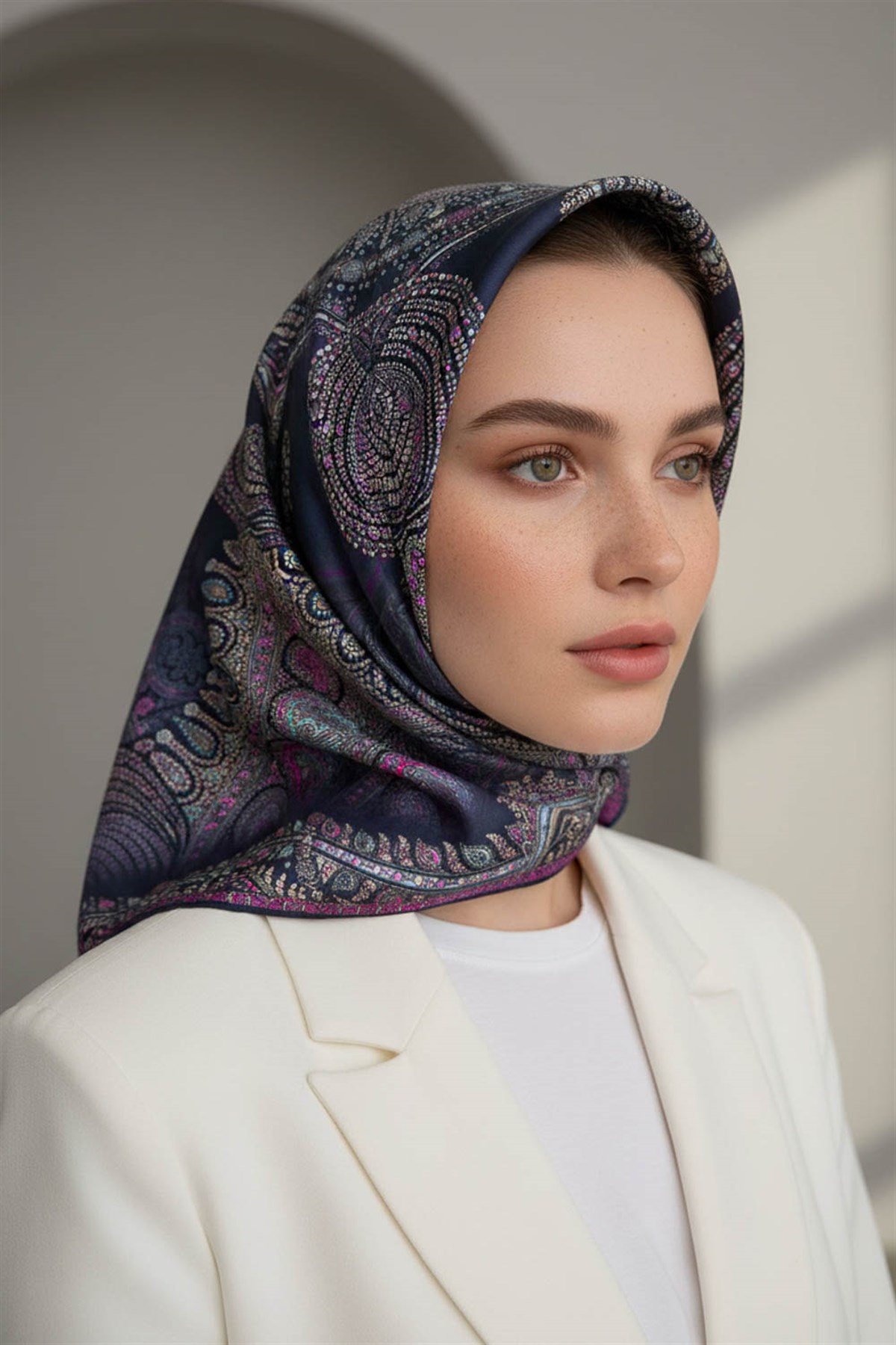 %100 Twill İpek Şal Desenli Lacivert Renkli 90x90 Eşarp Dikim Şekli : El Dikişi