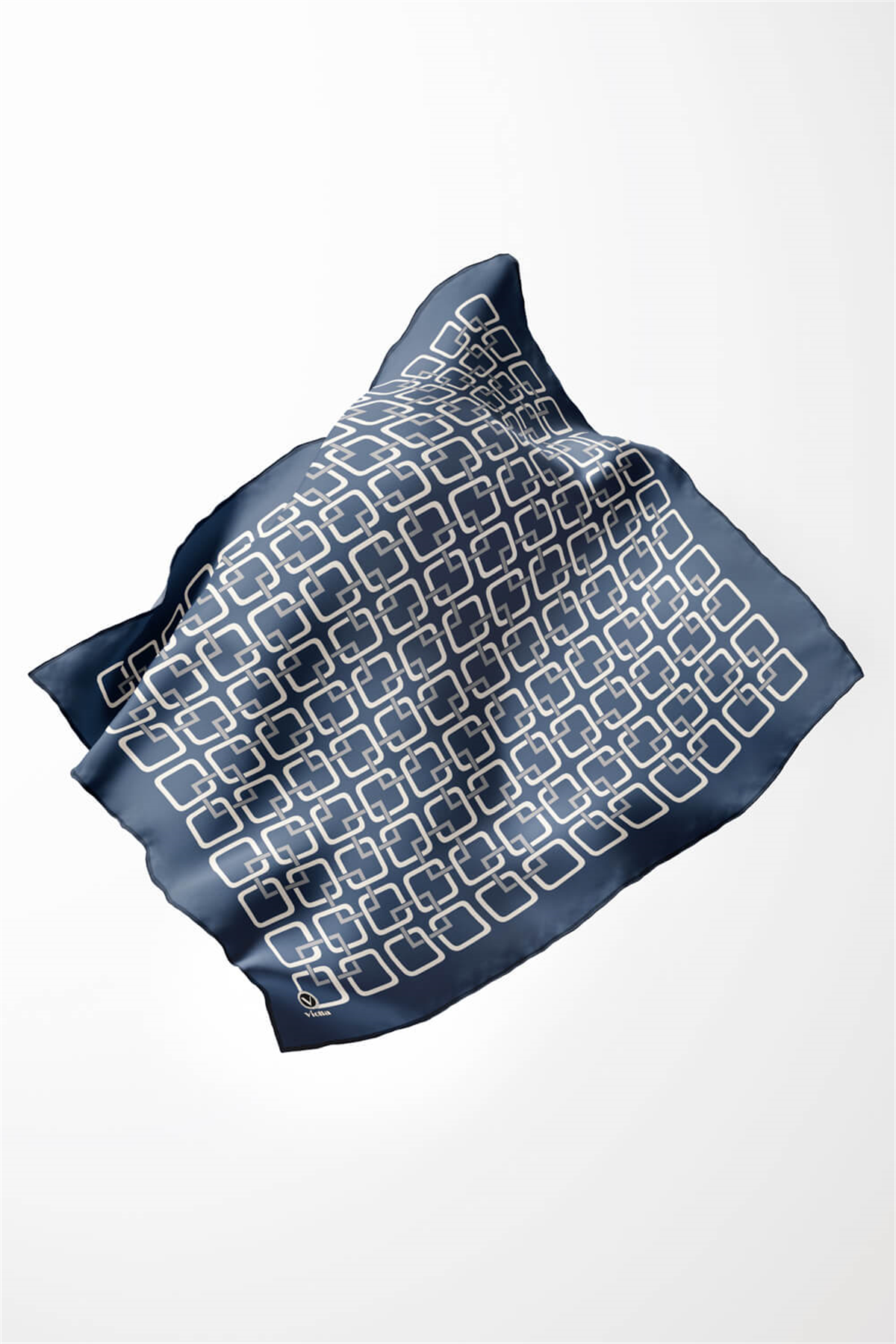Twill Geometrik Desenli İndigo Renkli 90x90 Eşarp (İpek İçermez) Kenar Dikiş Şekli El Dikişli