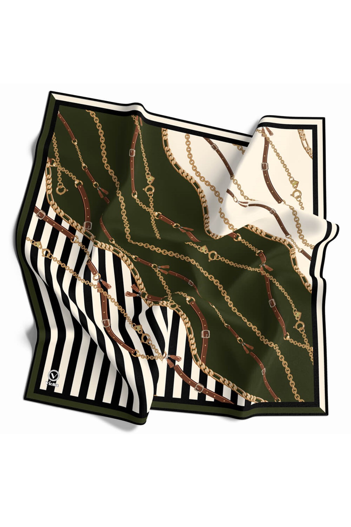 Twill Çizgili Zincir ve Kemer Desenli Haki Yeşili Renkli 90x90 Eşarp (İpek İçermez) Kenar Dikiş Şekli El Dikişli