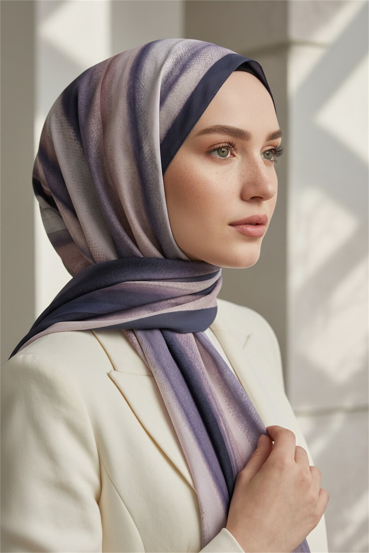 KREP SULU BOYA ÇİZGİLİ DESENLİ PUDRA RENKLİ 75X195 KIRIŞMAZ ŞAL
