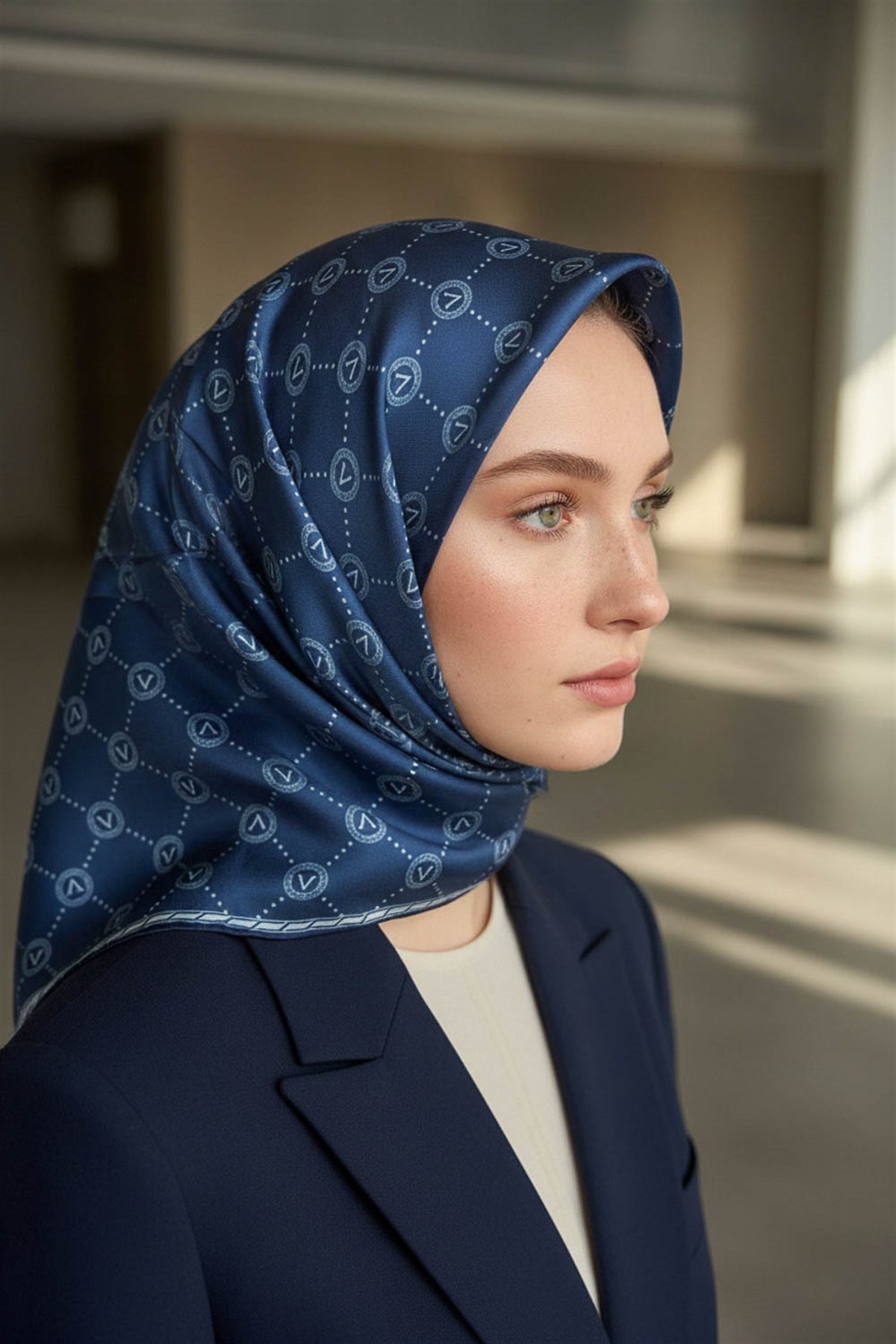 %100 Twill İpek Monogram Desenli İndigo Renkli 90x90 Eşarp Dikim Şekli : El Dikişi