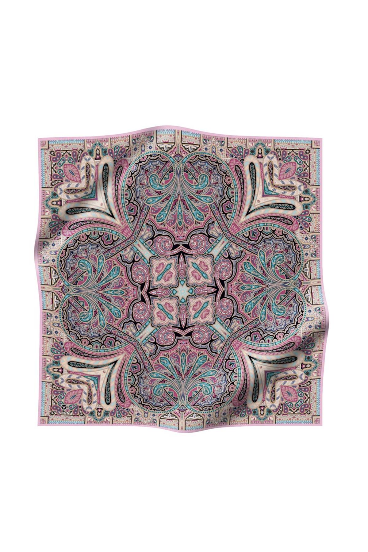100% Twill İpek Etnik Desenli Pembe Renkli 90x90 Dikim Şekli : El Dikişi Eşarp