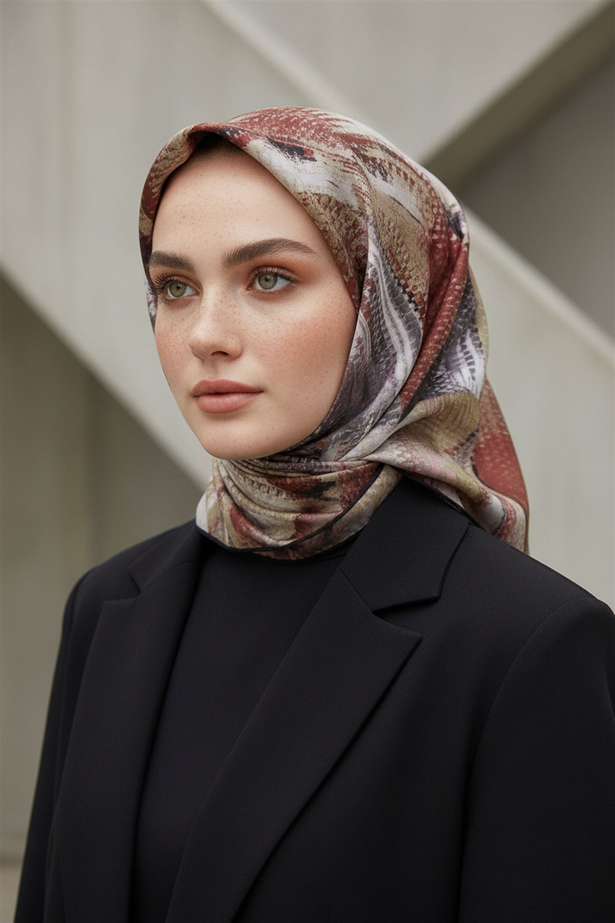 %100 Twill İpek Efektli ve Geometrik Desenli Bej - Kırmızı Renkli 90x90 Eşarp Dikim Şekli : El Dikişi