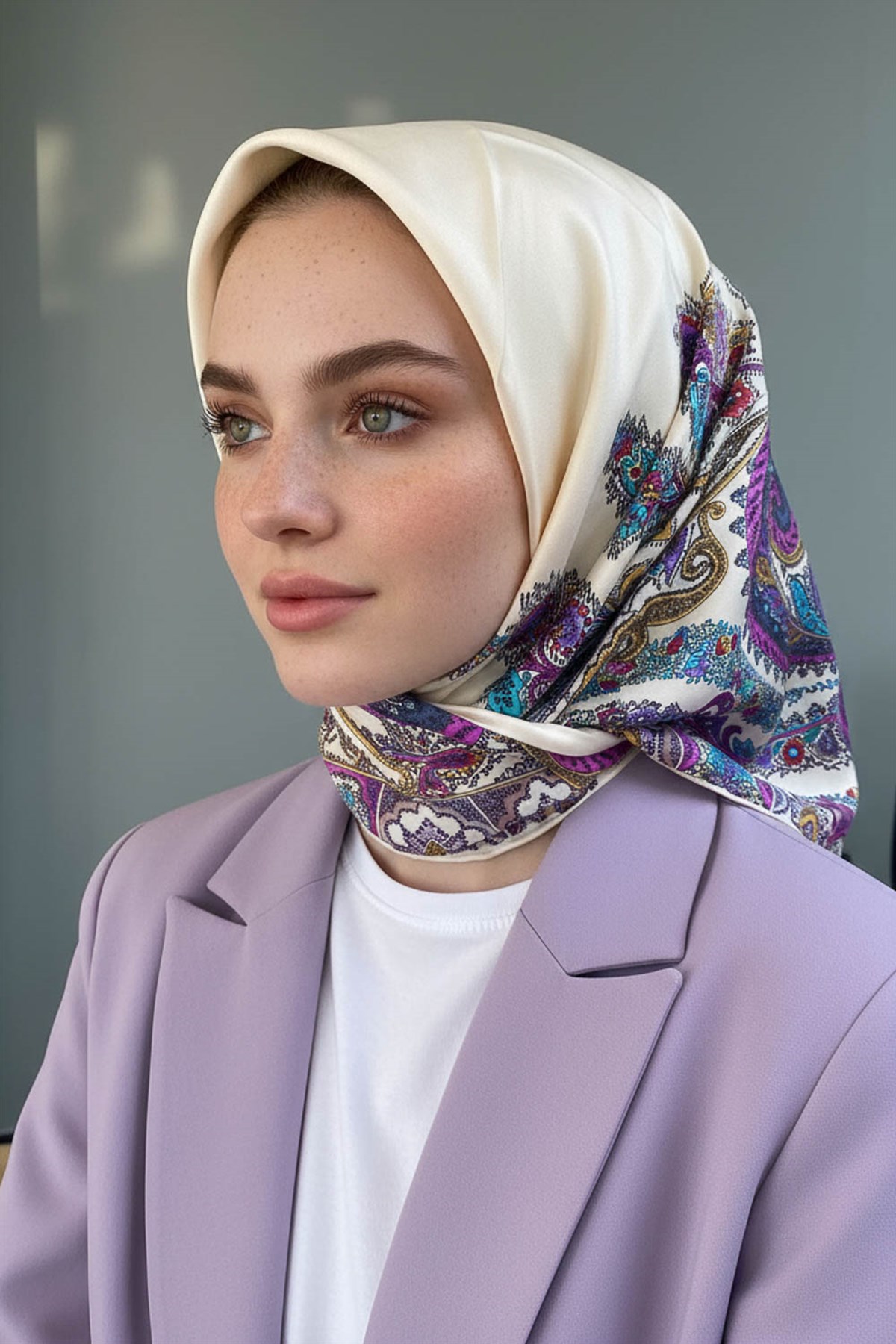 100% Twill İpek Etnik Desenli Krem - Fuşya Renkli 90x90 Dikim Şekli : El Dikişi Eşarp
