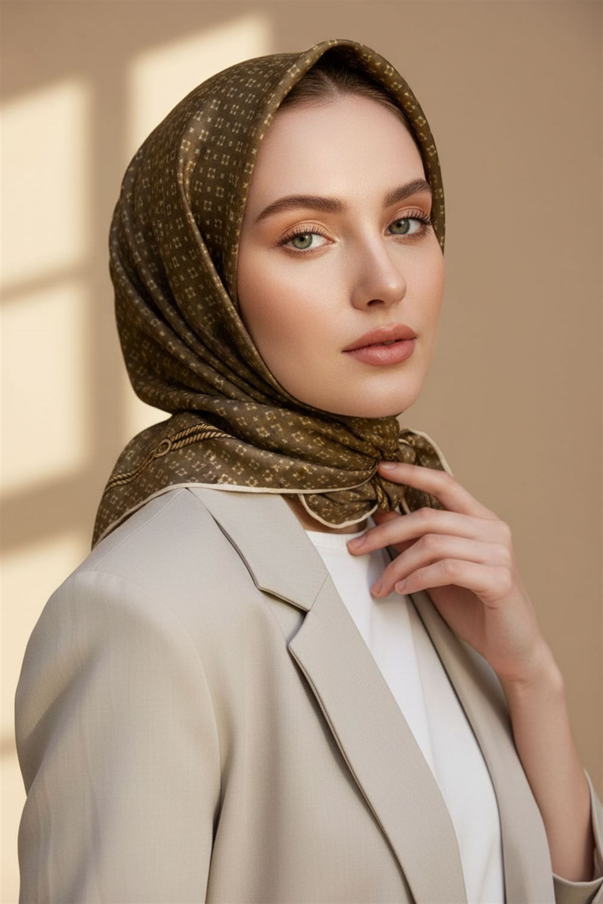 %100 Twill İpek Zincir Desenli Vizon - Gold Renkli 90x90 Eşarp Dikim Şekli : El Dikişi