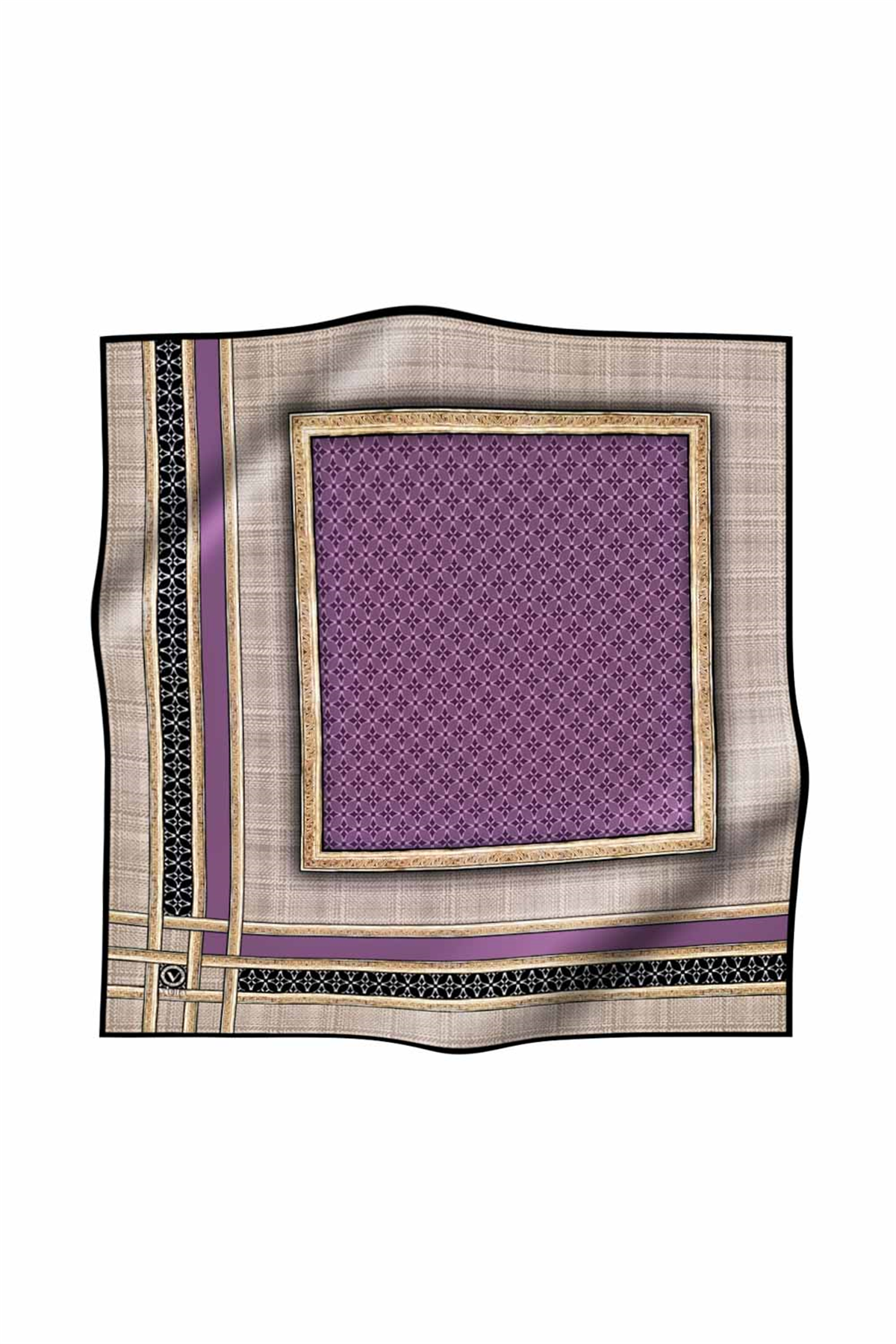 Twill Gold Bordürlü Geometrik Desenli Lila Renkli 90x90 Eşarp (İpek İçermez) Kenar Dikiş Şekli El Dikişli