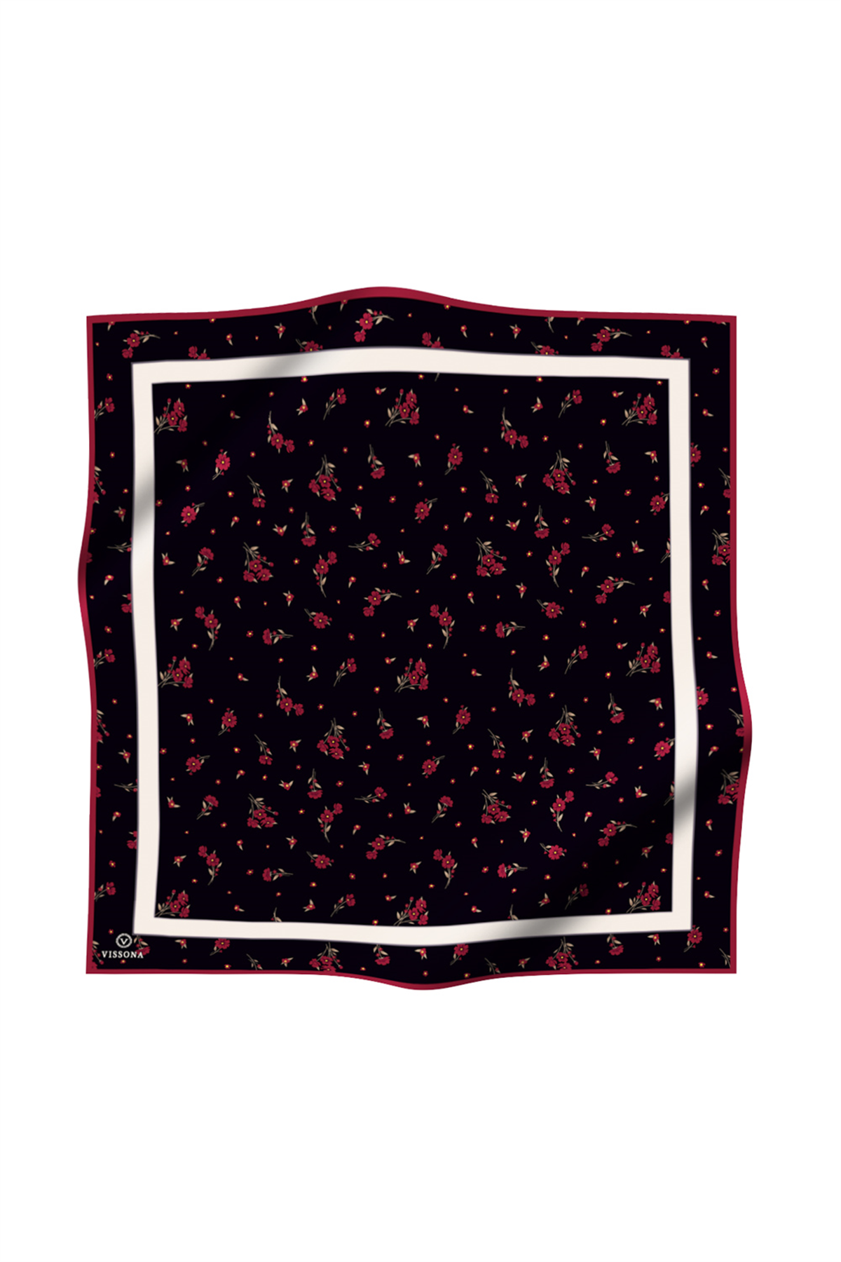 % 57 İPEK % 43 VİSKON Twill İpek Çıtır Çiçek Desenli Siyah - Bordo Renkli 90x90 Eşarp Dikim Şekli : El Dikişi