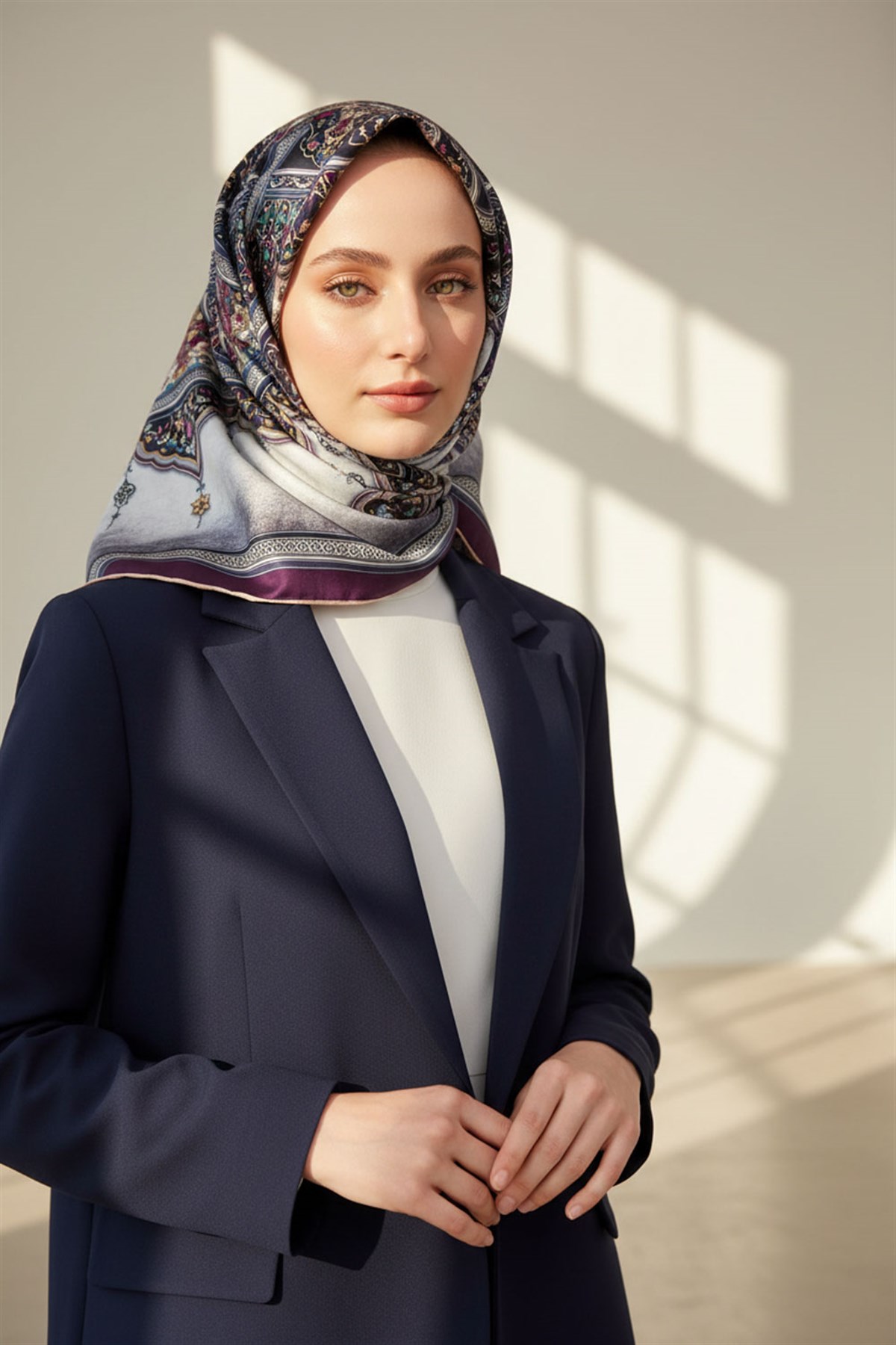 %100 Twill İpek Şal Desenli Mürdüm - Lacivert Renkli 90x90 Eşarp Dikim Şekli : El Dikişi