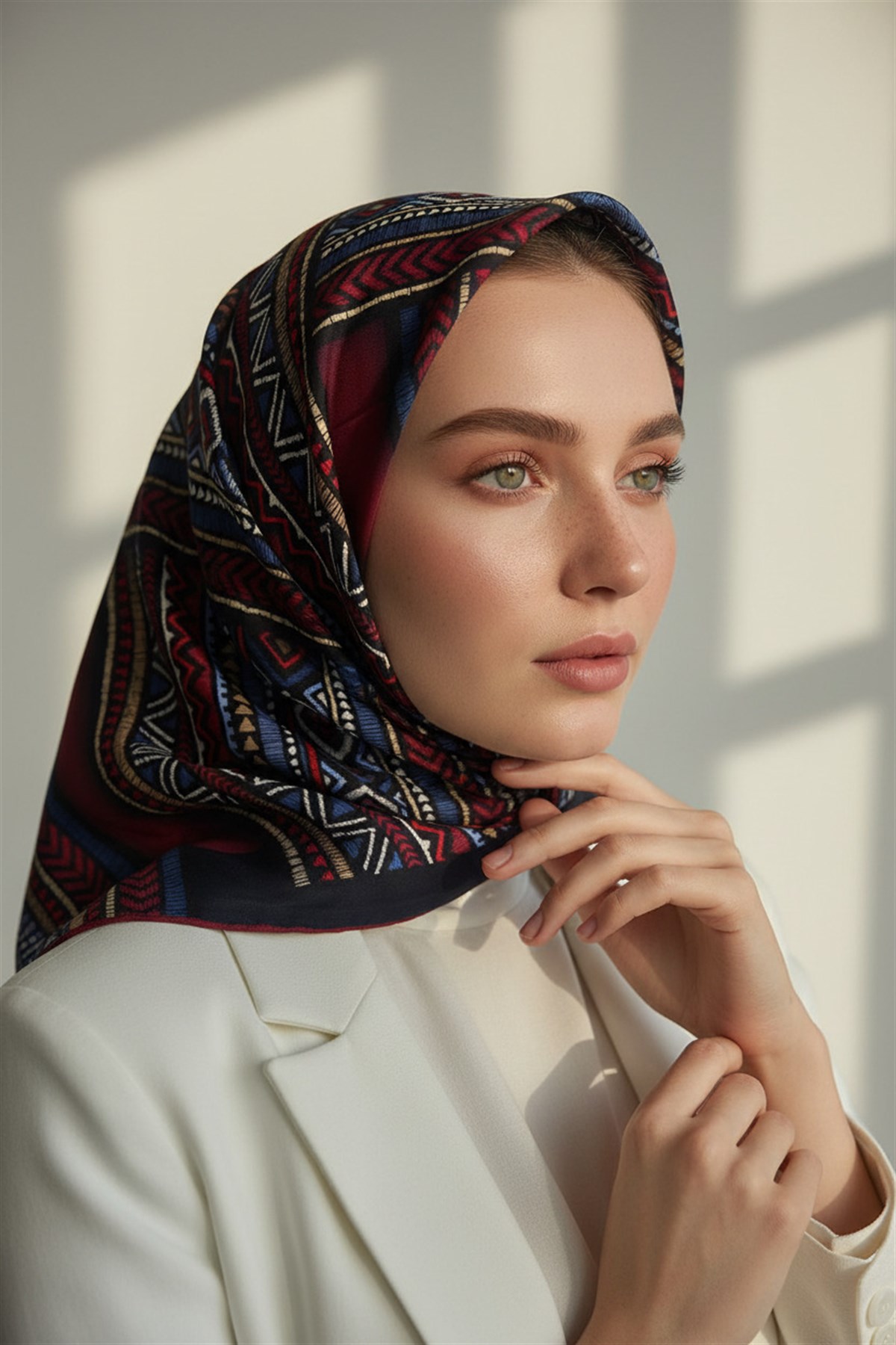 %100 Twill İpek Etnik Desenli Lacivert - Bordo  Renkli 90x90 Eşarp Dikim Şekli : El Dikişi