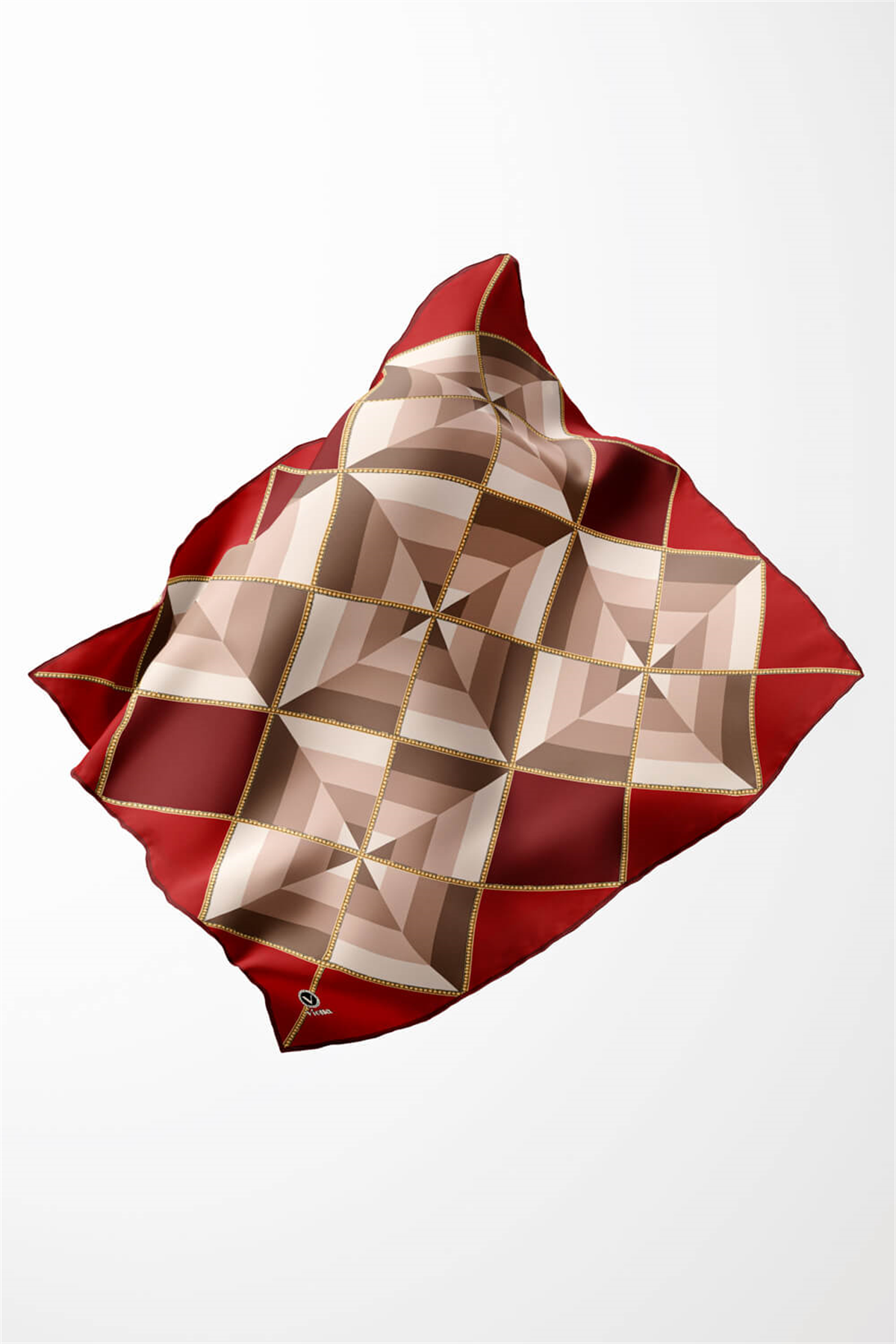 Twill Geometrik Desenli Bordo Renkli 90x90 Eşarp (İpek İçermez) Kenar Dikiş Şekli El Dikişli