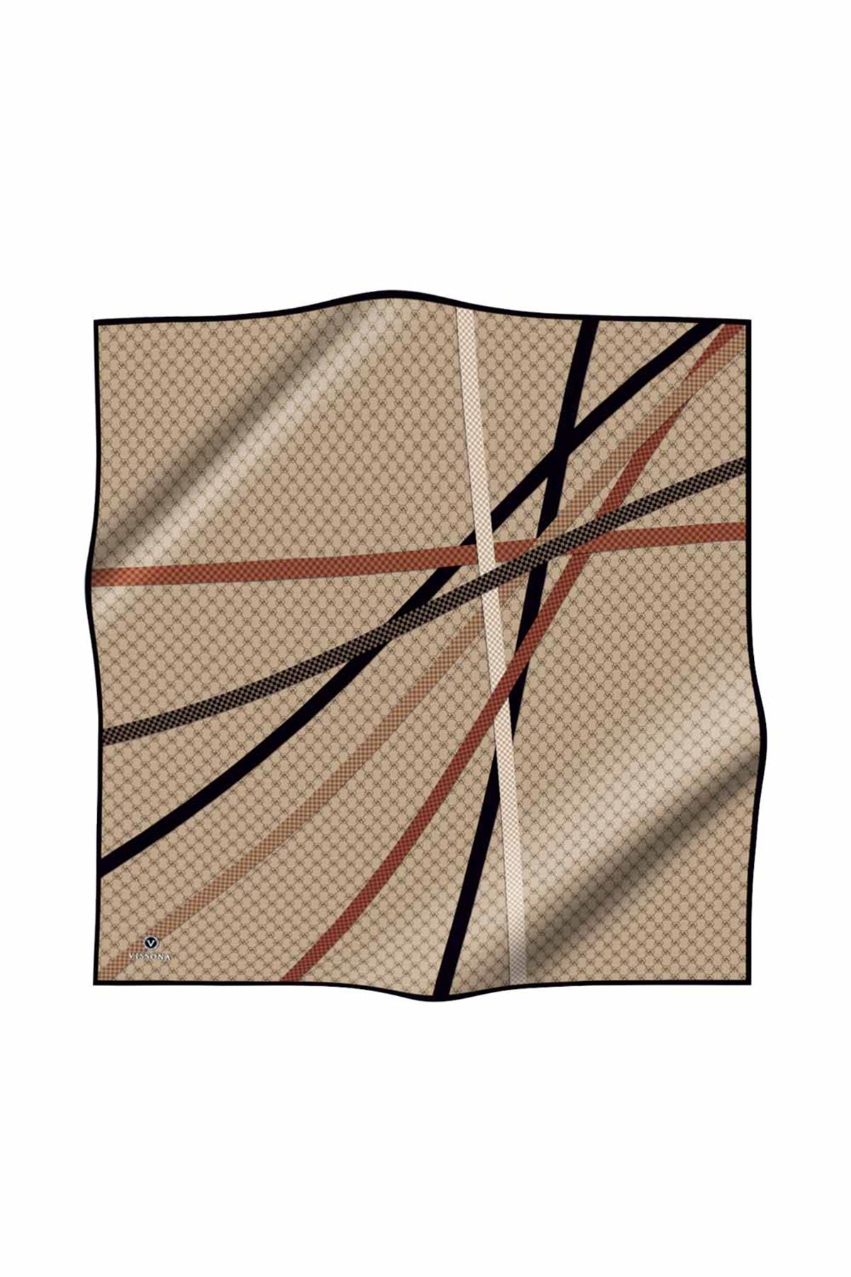 %100 Twill İpek Monogram Ve Şerit Desenli Bej - Siyah Renkli 90x90 Eşarp Dikim Şekli : El Dikişi