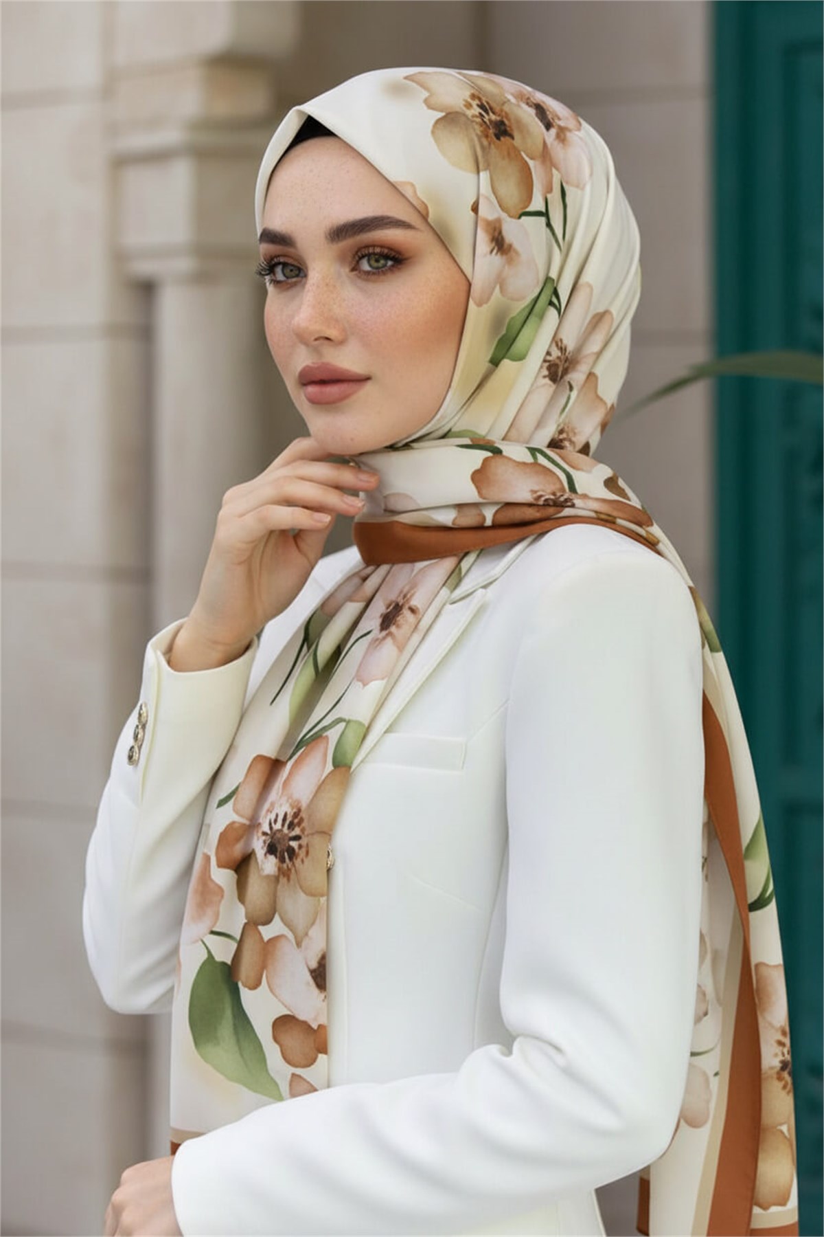 KREP ÇİÇEK DESENLİ TABA RENKLİ 75X195 KIRIŞMAZ ŞAL