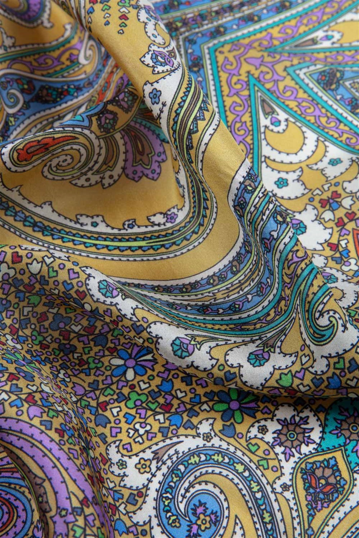 100% İpek Etro Desenli Gold - Mor Renkli 92x210 Şal