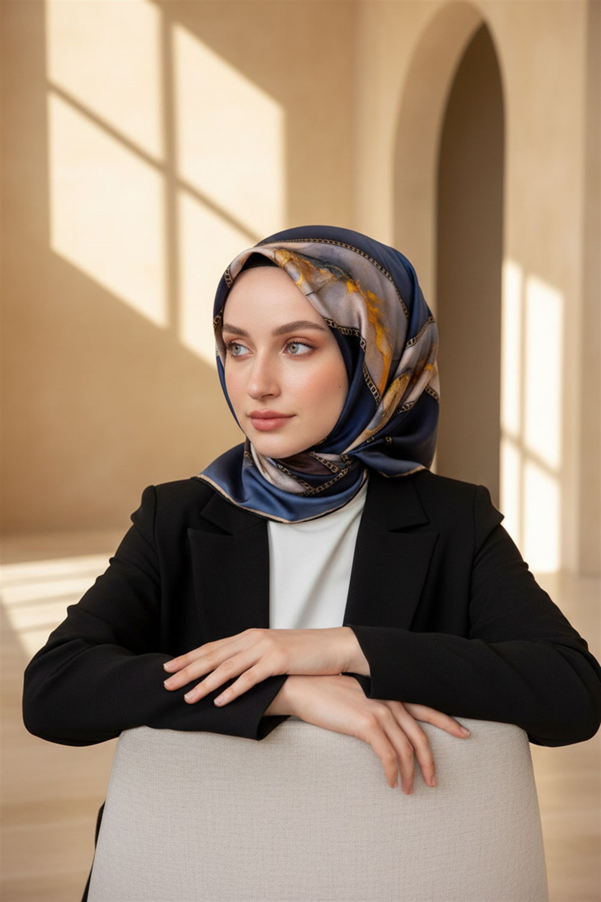 % 57 İPEK % 43 VİSKON Twill İpek Efektli Bant Desenli İndigo - Lacivert Renkli 90x90 Eşarp Dikim Şekli : El Dikişi