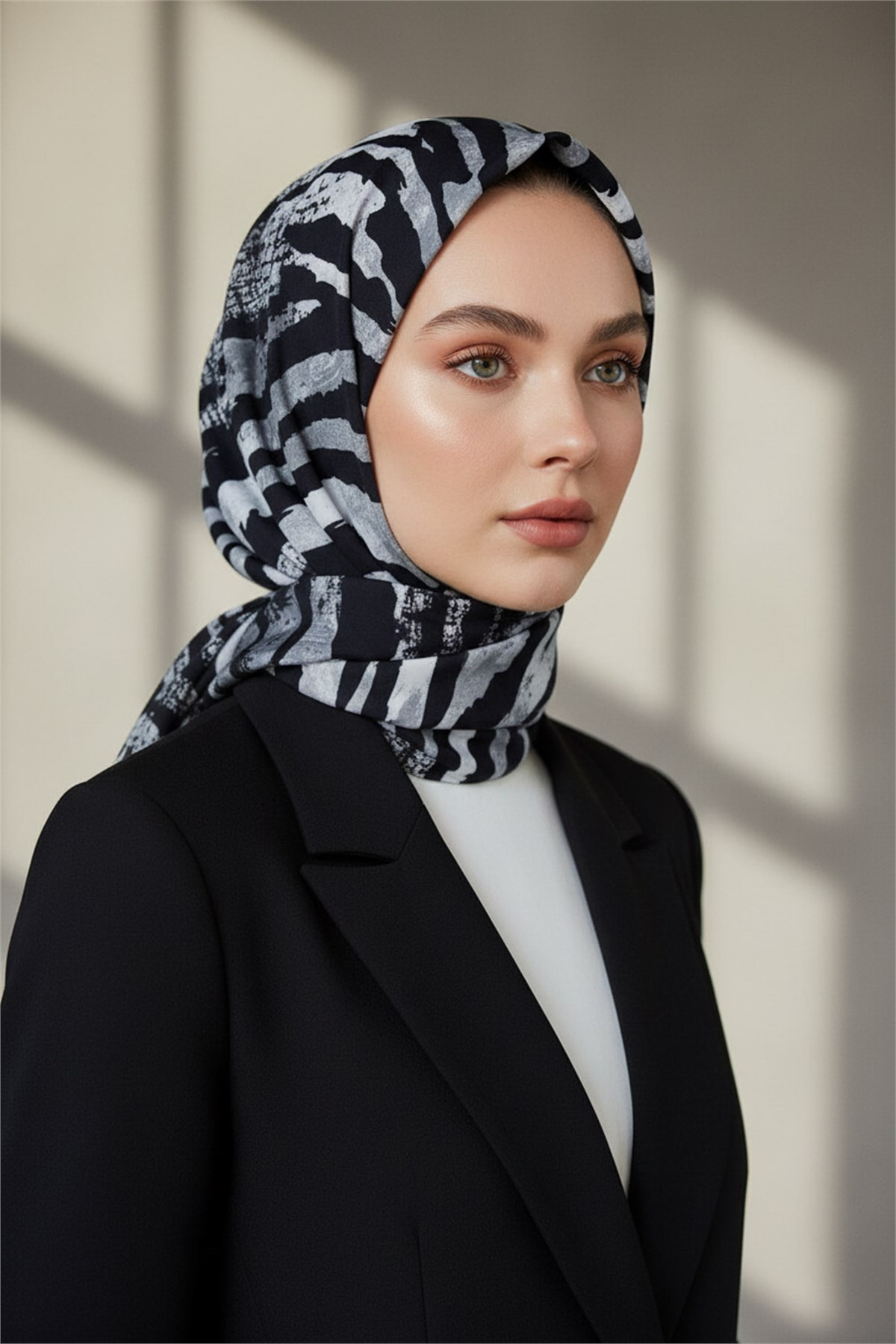 KREP ZEBRA DESENLİ GRİ - SİYAH RENKLİ 75X195 KIRIŞMAZ ŞAL