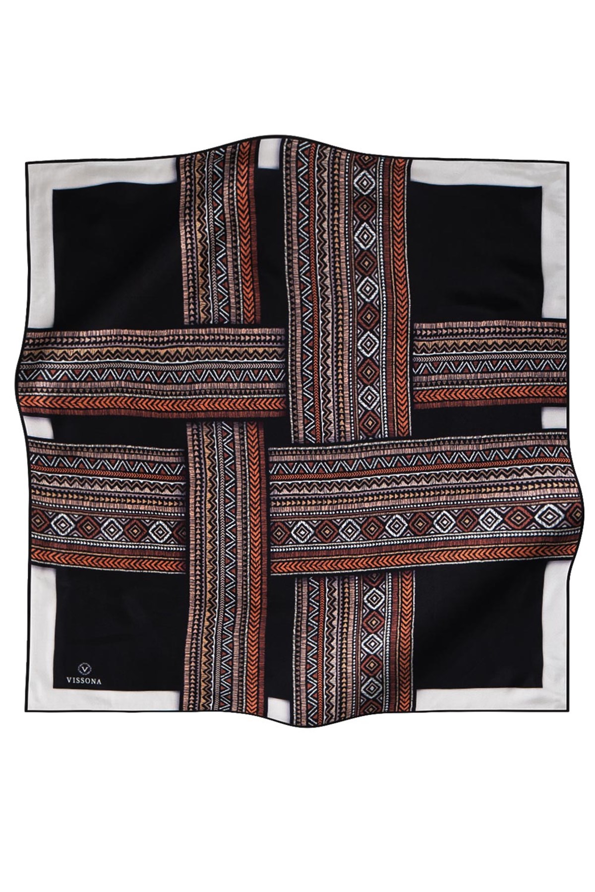 %100 Twill İpek Etnik Desenli Siyah - Taba Renkli 90x90 Eşarp Dikim Şekli : El Dikişi