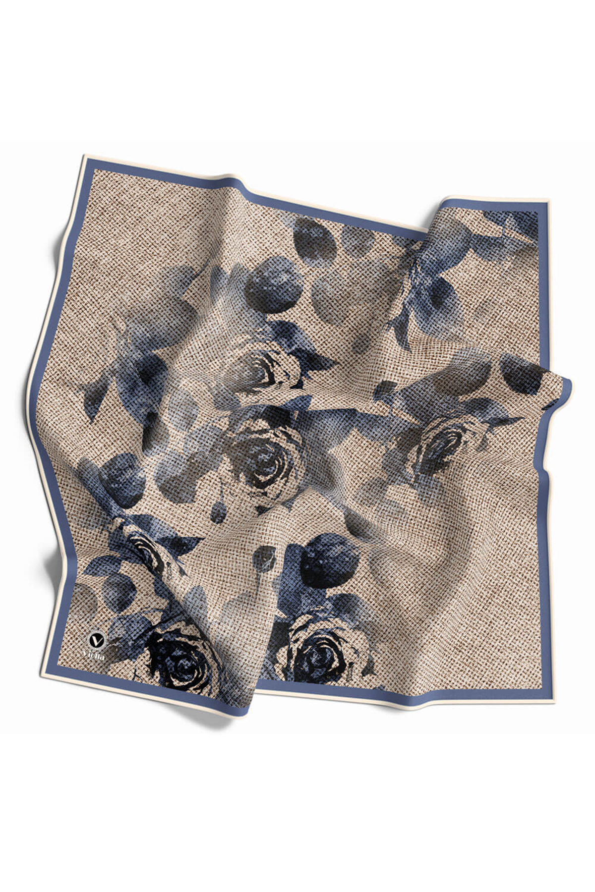 Twill Gül Desenli İndigo Mavisi Renkli 90x90 Eşarp (İpek İçermez) Kenar Dikiş Şekli El Dikişli