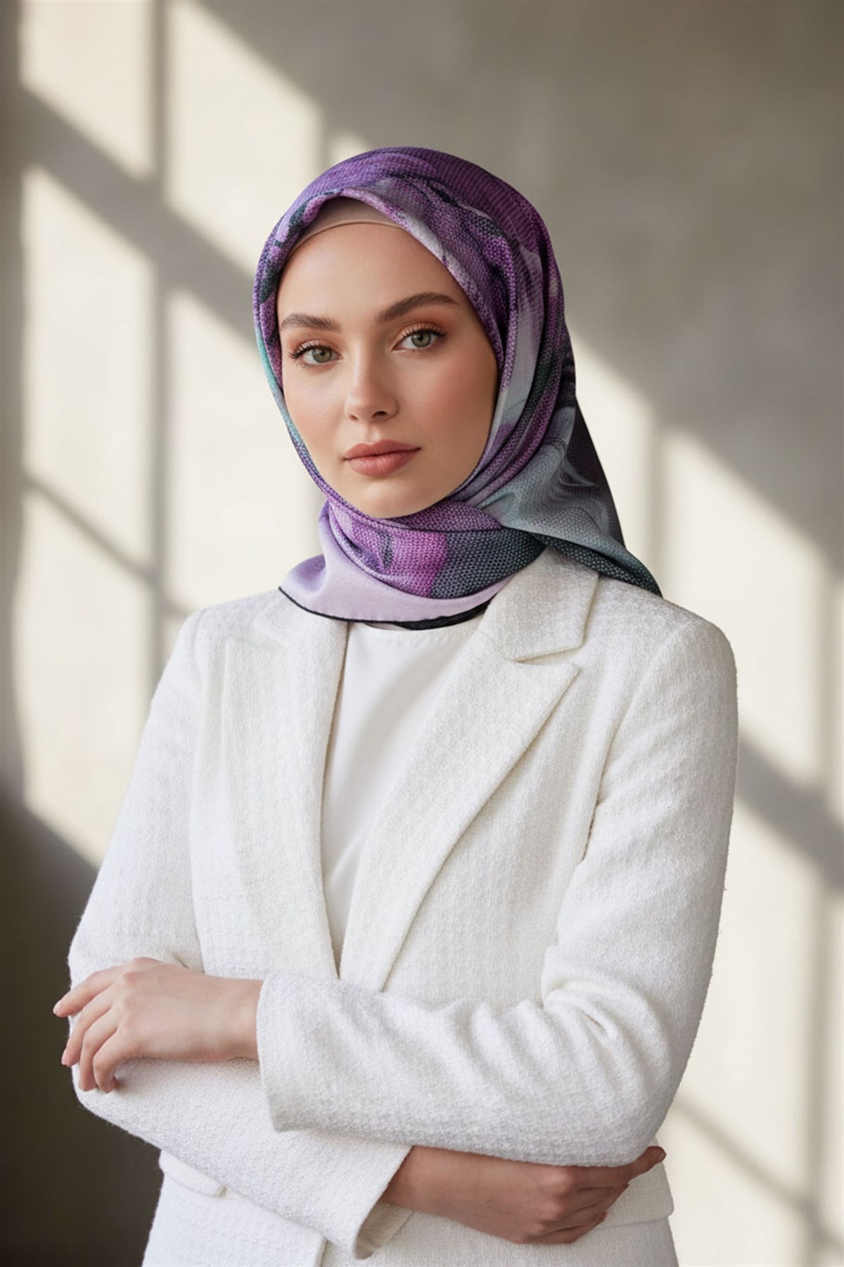 %100 Twill İpek Dokulu Ve Çiçek Desenli Lila - Su Yeşili Renkli 90x90 Eşarp Dikim Şekli : El Dikişi