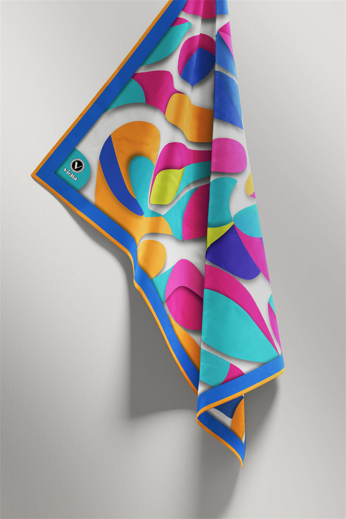 Twill Soyut Geometrik Desenli Buz Mavisi - Sarı Renkli 90x90 Eşarp (İpek İçermez) Dikim Şekli : El Dikişi