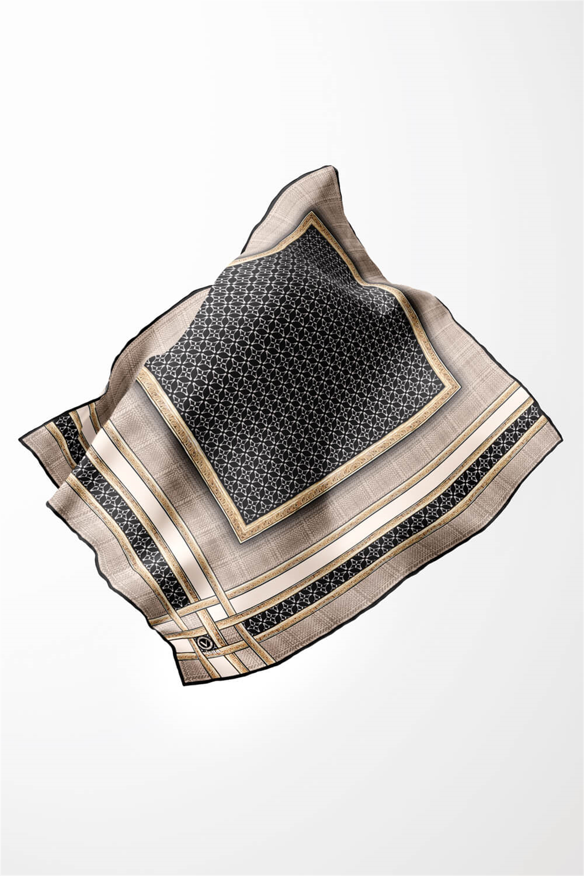 Twill Gold Bordürlü Geometrik Desenli Bej Renkli 90x90 Eşarp (İpek İçermez) Kenar Dikiş Şekli El Dikişli