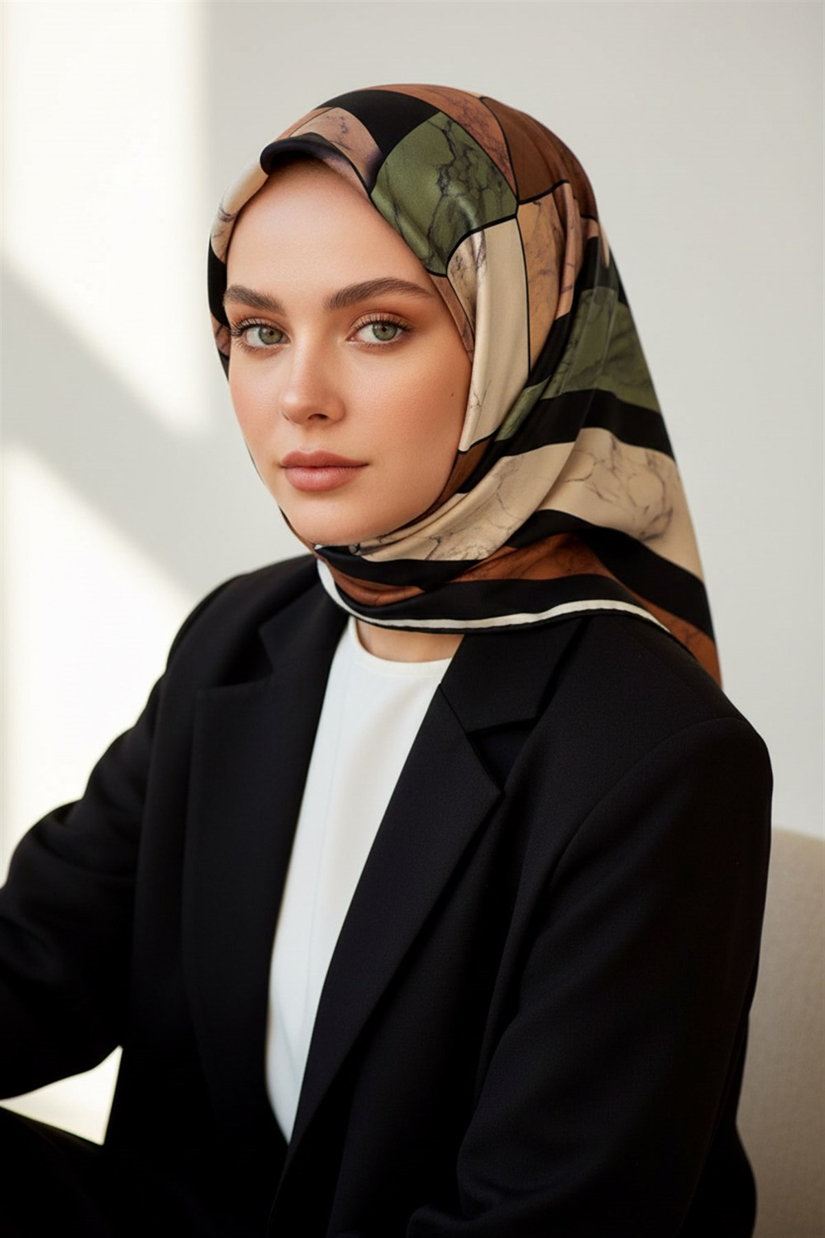 %100 Twill İpek Geometrik Mermer Desenli Haki - Bakır Renkli 90x90 Eşarp Dikim Şekli : El Dikişi