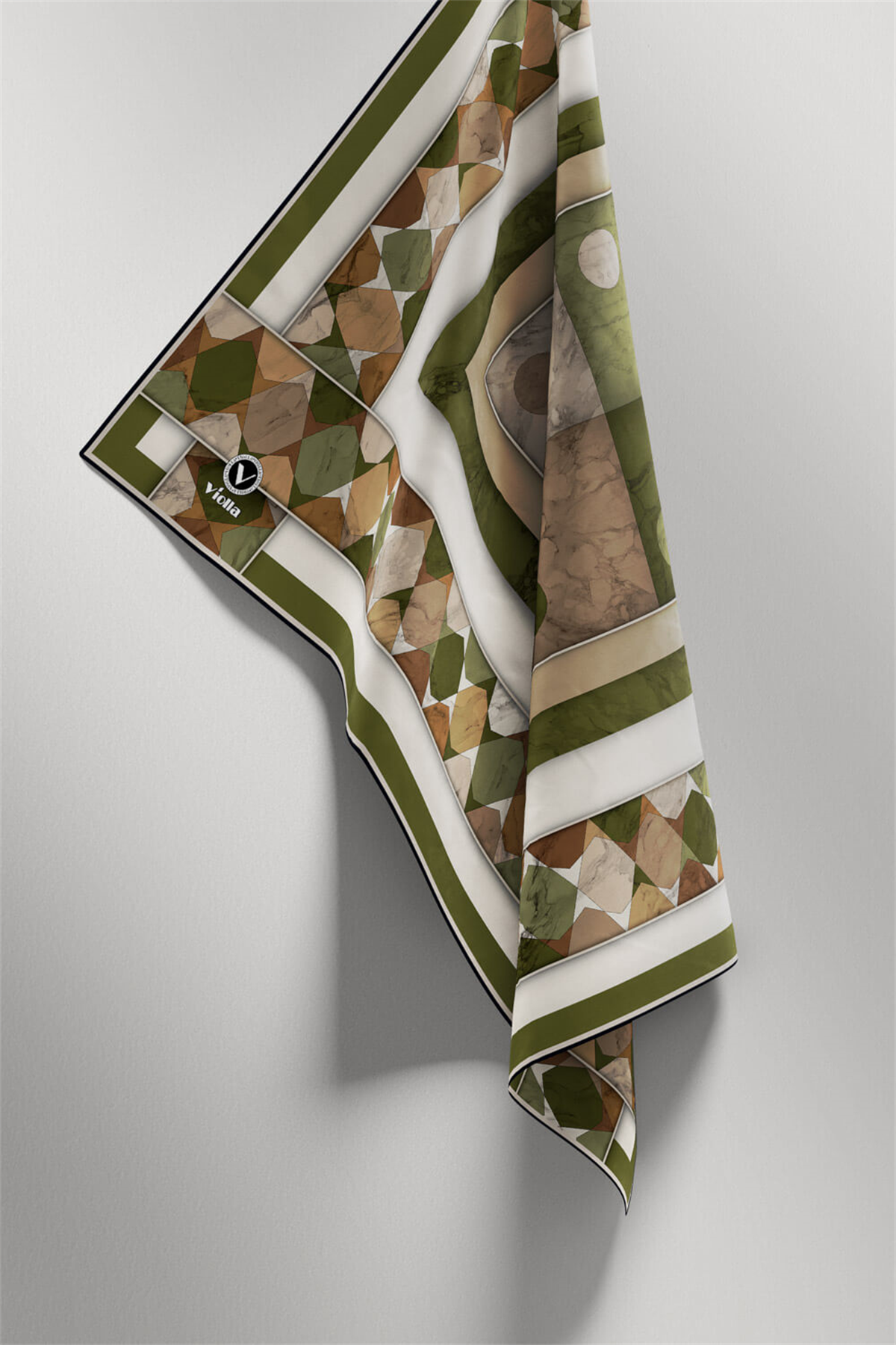 Twill Geometrik Mermer Desenli Haki Renkli 90x90 Eşarp (İpek İçermez) Kenar Dikiş Şekli El Dikişli