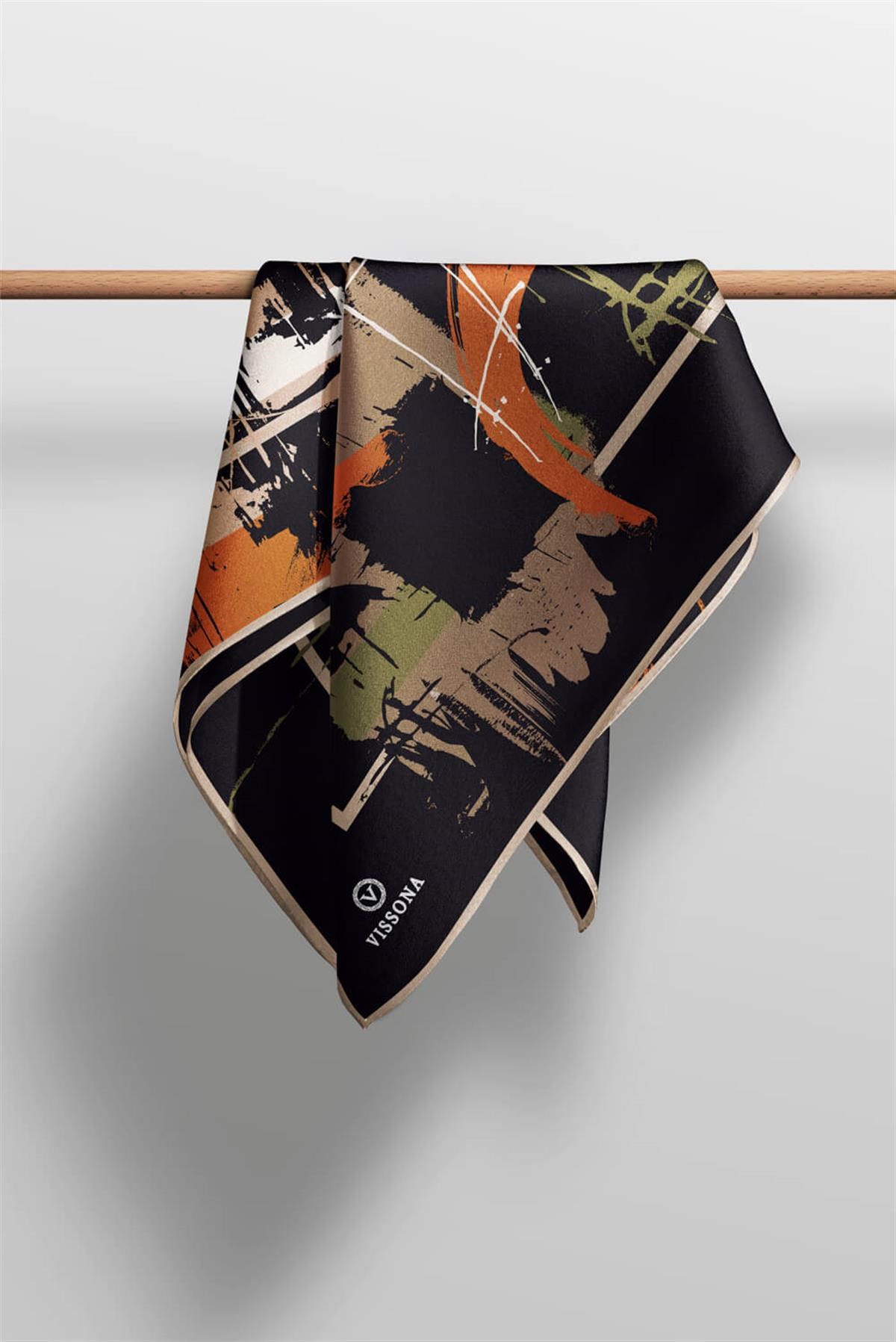 %57 İPEK %43 VİSKON Twill İpek Geometrik Desenli Taba - Haki Renkli 90x90 Eşarp Dikim Şekli : El Dikişi