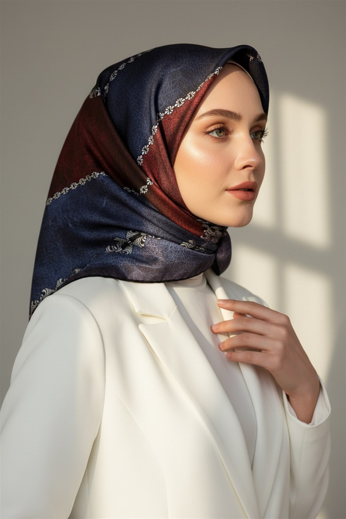 %100 Twill İpek Geometrik Desenli İndigo - Bordo Renkli 90x90 Eşarp Dikim Şekli : El Dikişi
