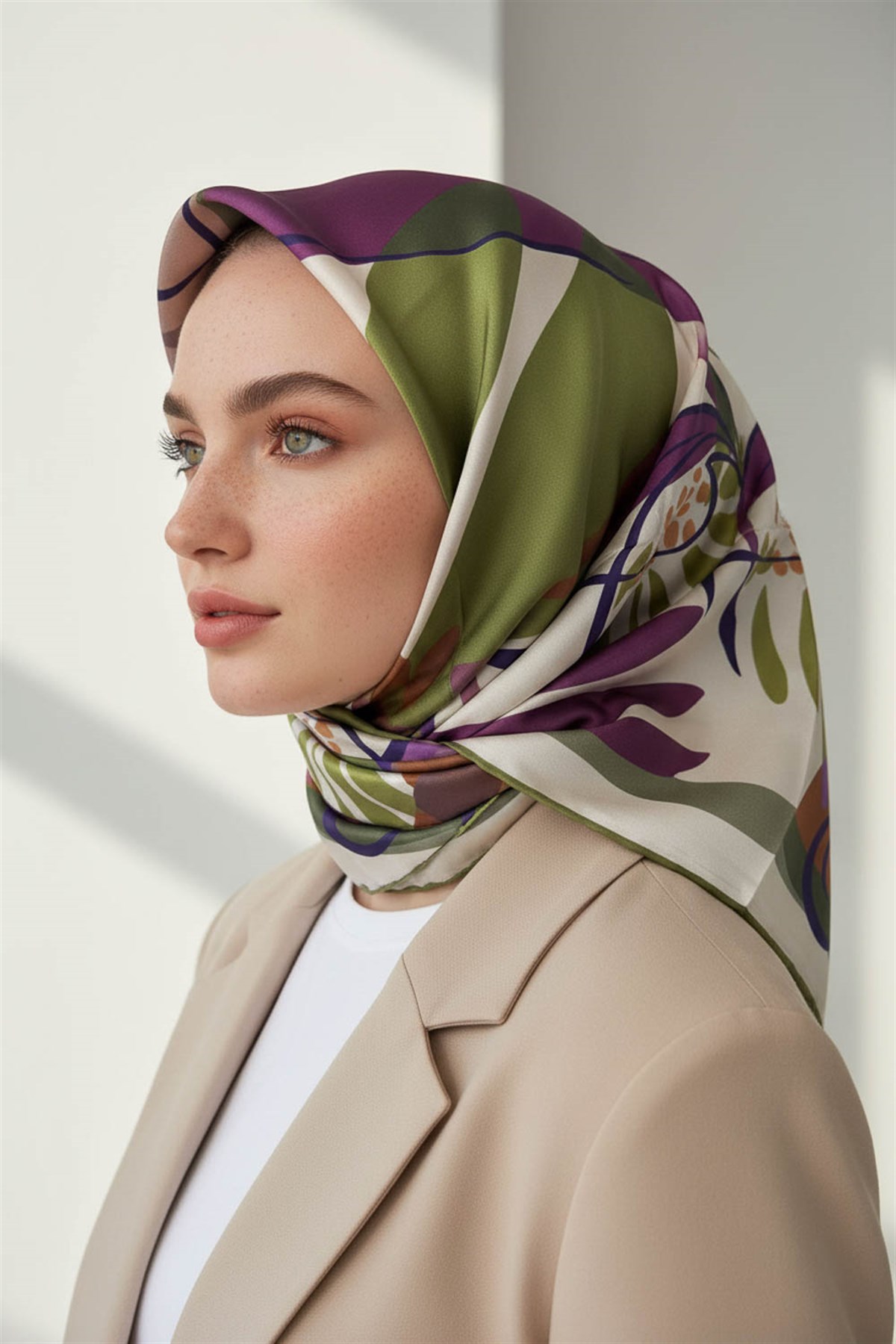 %100 Twill İpek Çiçek Desenli Haki - Mürdüm Renkli 90x90 Eşarp Dikim Şekli : El Dikişi
