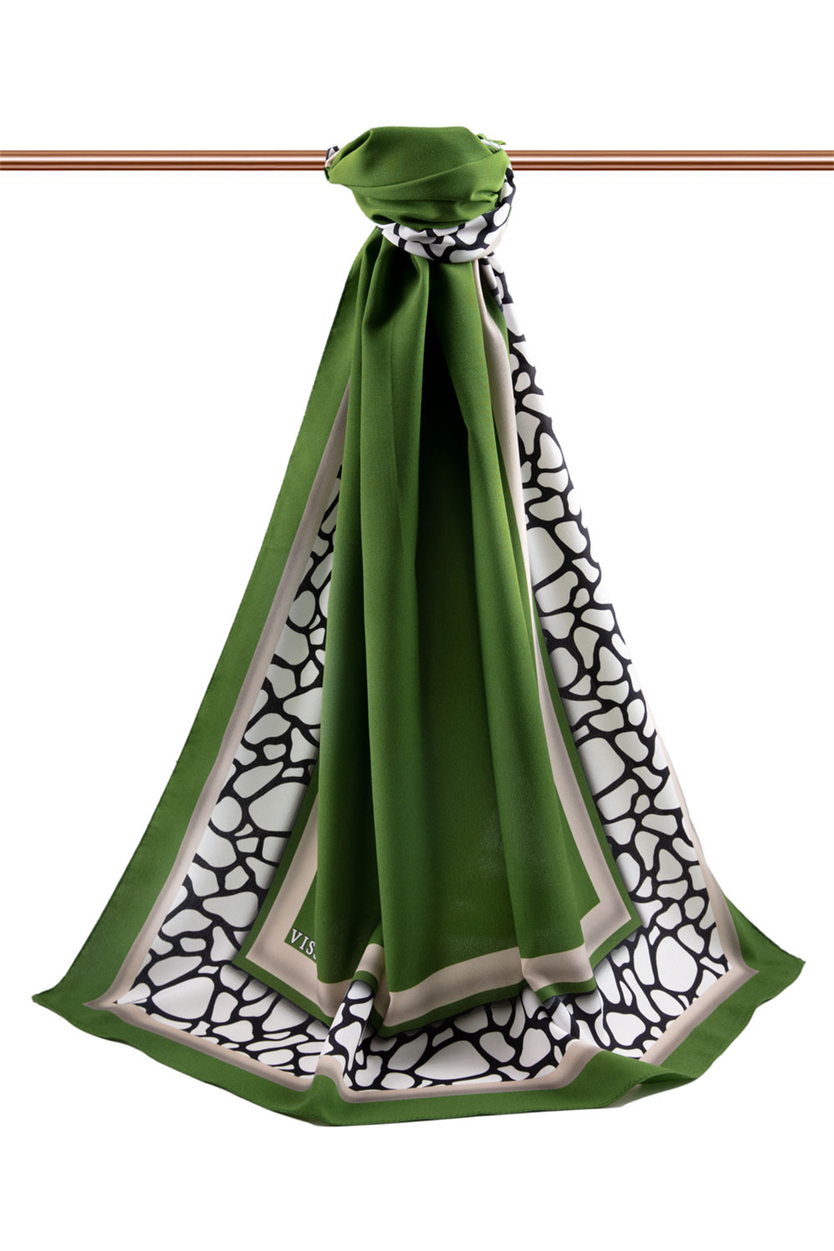 LÜKS MEDİNE İPEĞİ  DESENLİ ZÜMRÜT YEŞİLİ - BEJ  RENKLİ 75X195 KIRIŞMAZ ŞAL MOSS KREP DİKİŞ TİPİ İTALYAN DİKİŞLİ