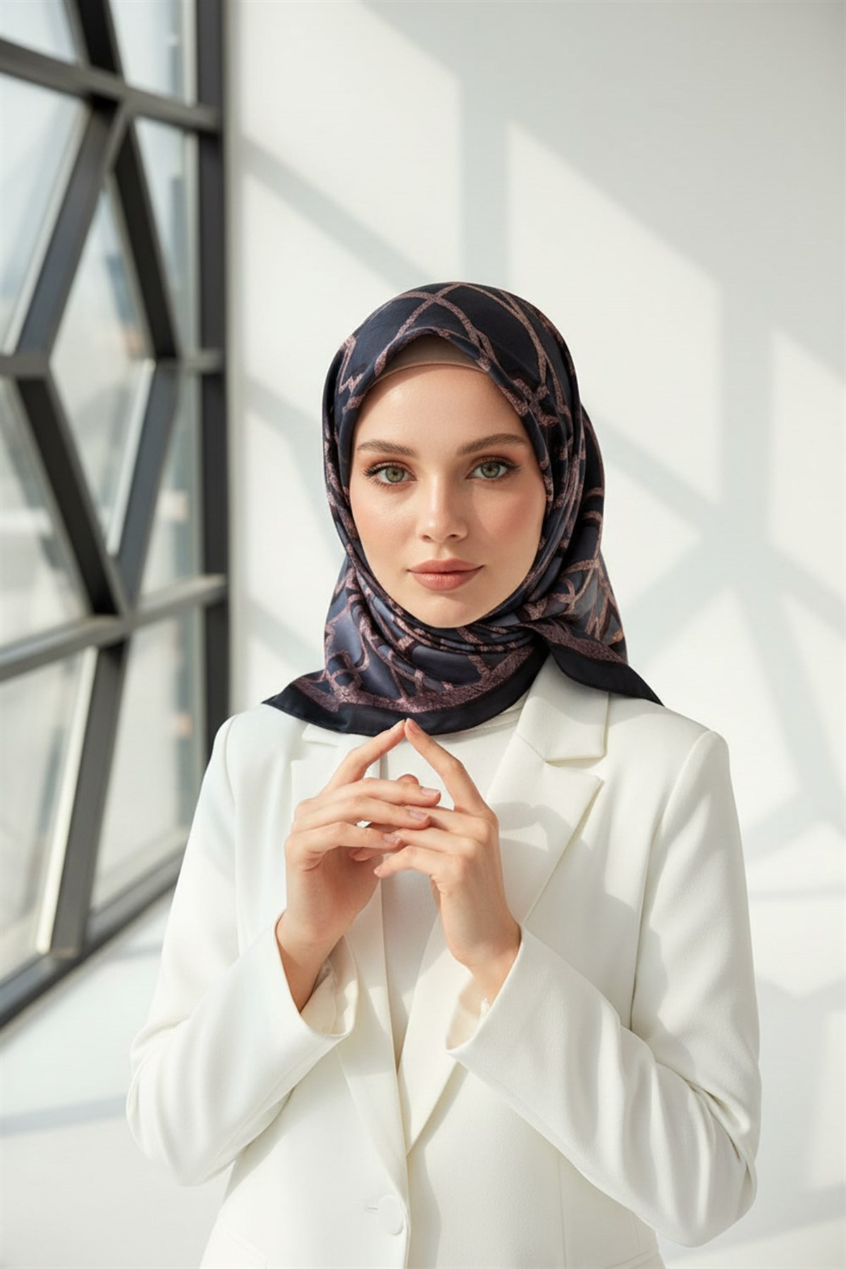 %100 Twill Türk Motifi  Desenli Gri Renkli 90x90 Eşarp Dikim Şekli: El Dikişi