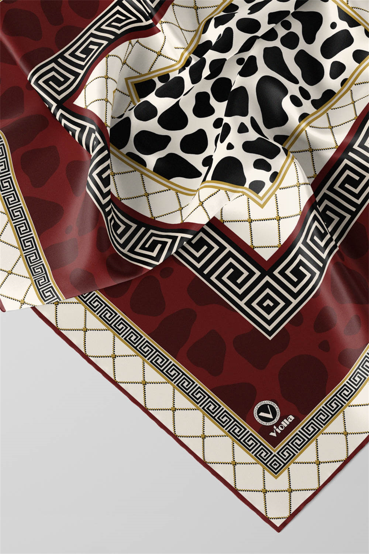 Twill Taş Desenli Bordo Renkli 90x90 Eşarp (İpek İçermez) Kenar Dikiş Şekli El Dikişli