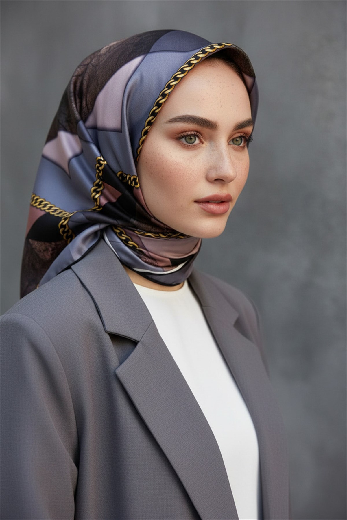 %100 Twill İpek Taş Efekti Desenli Pudra - Gri Renkli 90x90 Eşarp Dikim Şekli : El Dikişi