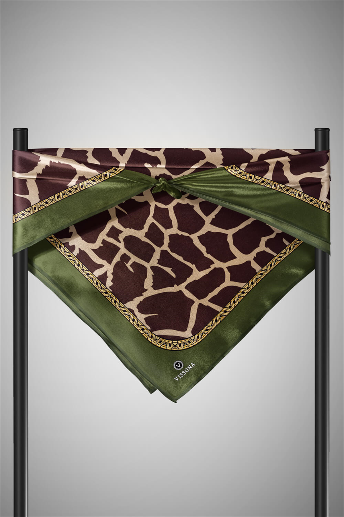 %100 Twill Taş Desenli Bej - Haki Renkli 90x90 Eşarp Dikim Şekli: El Dikişi